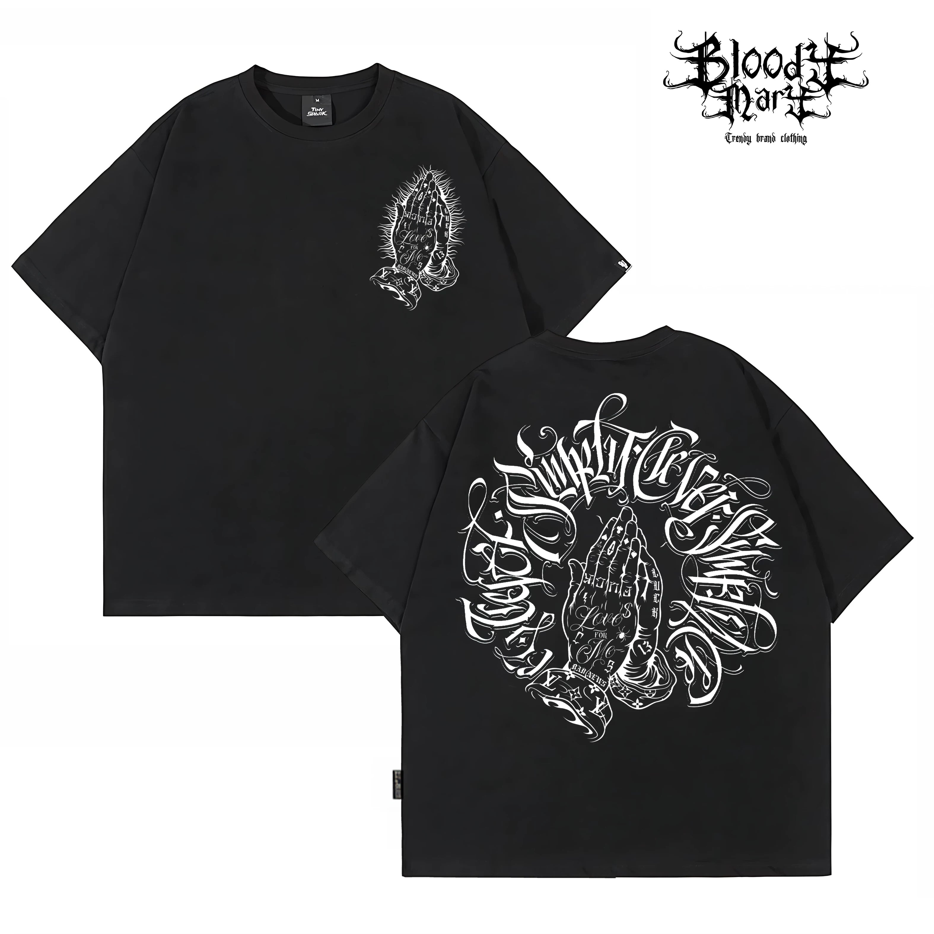 American West Coast Prayer Hand T-shirt with floral font circle, street dance tattoo artist, gangsters, heavyweight plus size hip-hop label