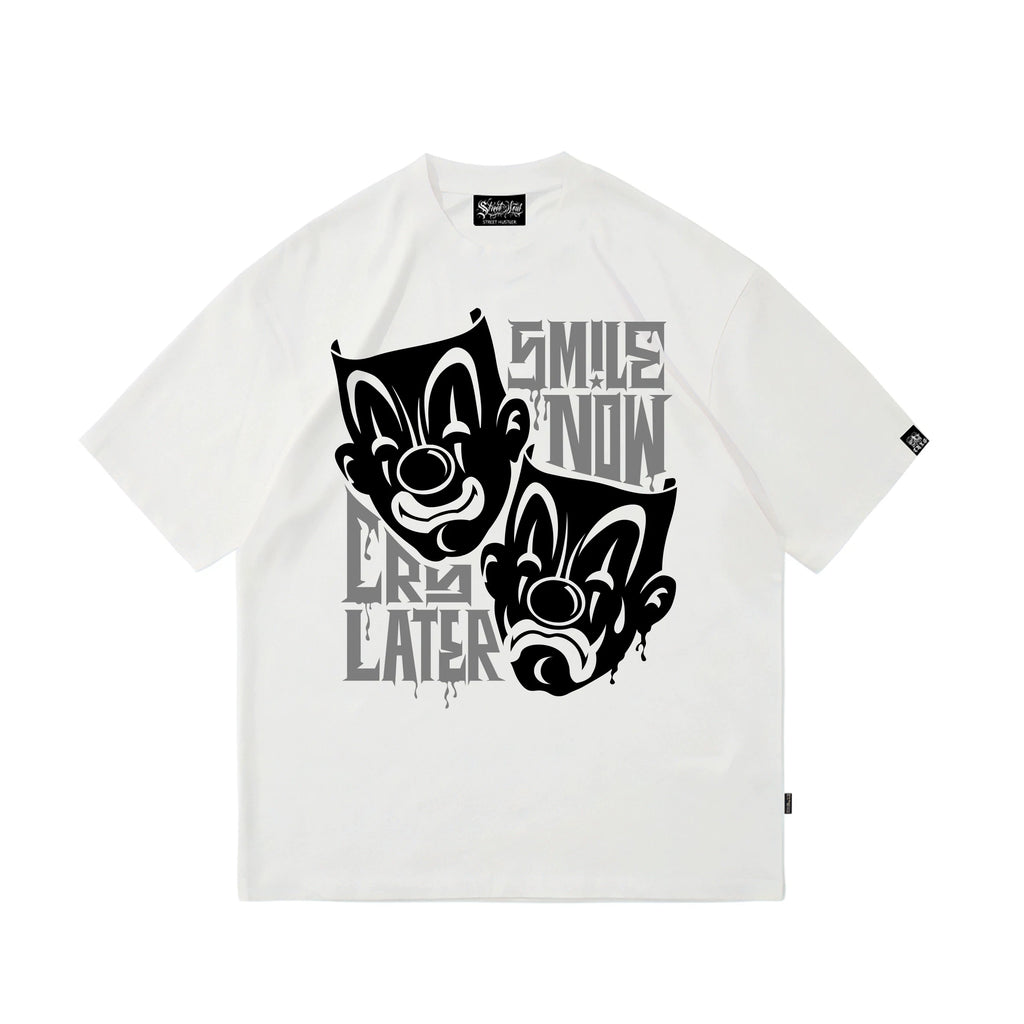 American fashion brand Kano floral font clown gang hip-hop English mask crying smiling face American heavyweight loose T-shirt