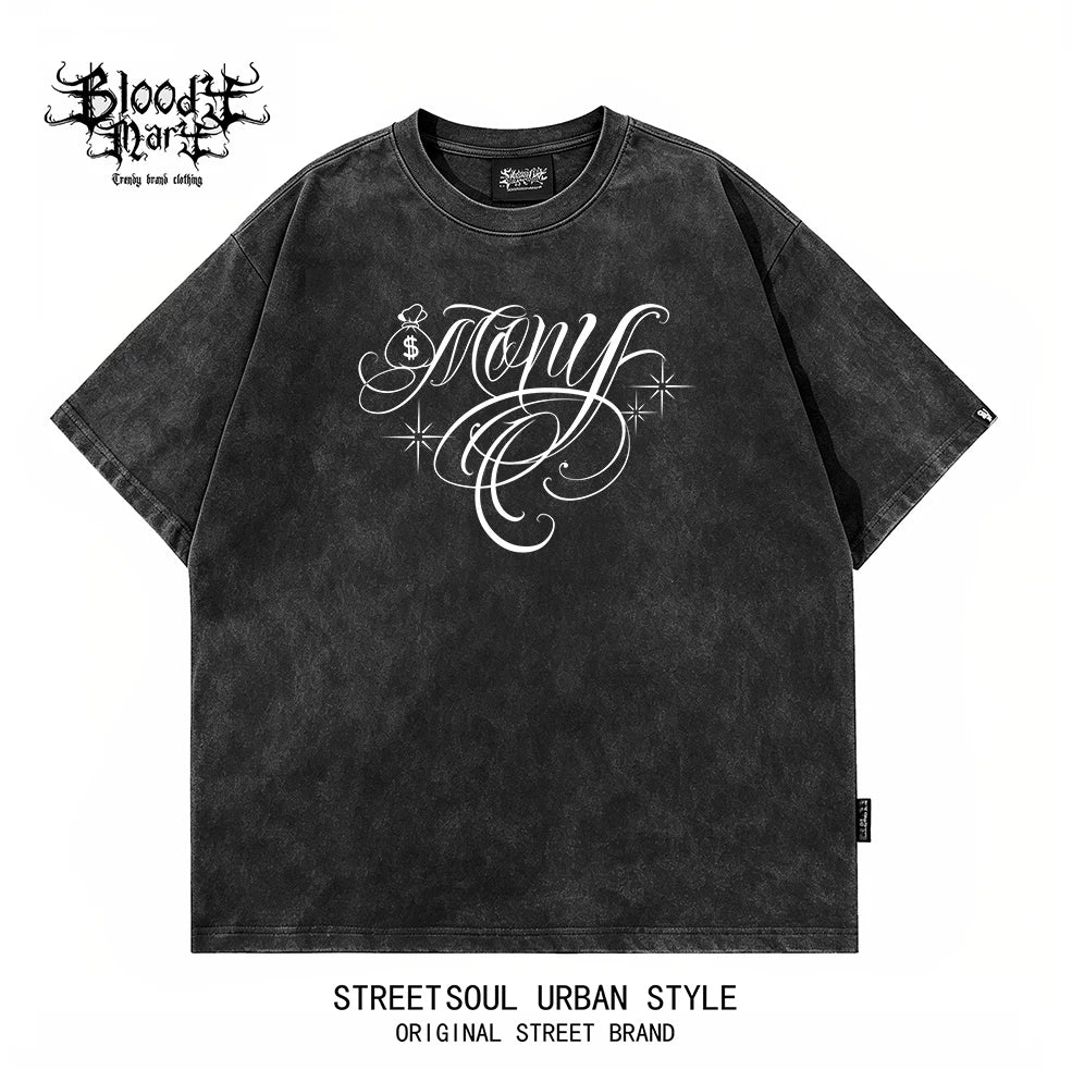 American hip-hop Chicano floral font short sleeved T-shirt for men, loose and heavy cotton, trendy brand, street tattoo print