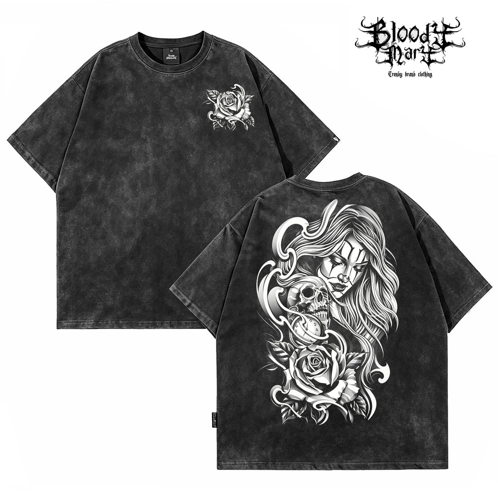 American hip-hop Chicano girl tattoo skeleton rose print short sleeved T-shirt men's loose dark fashion brand top