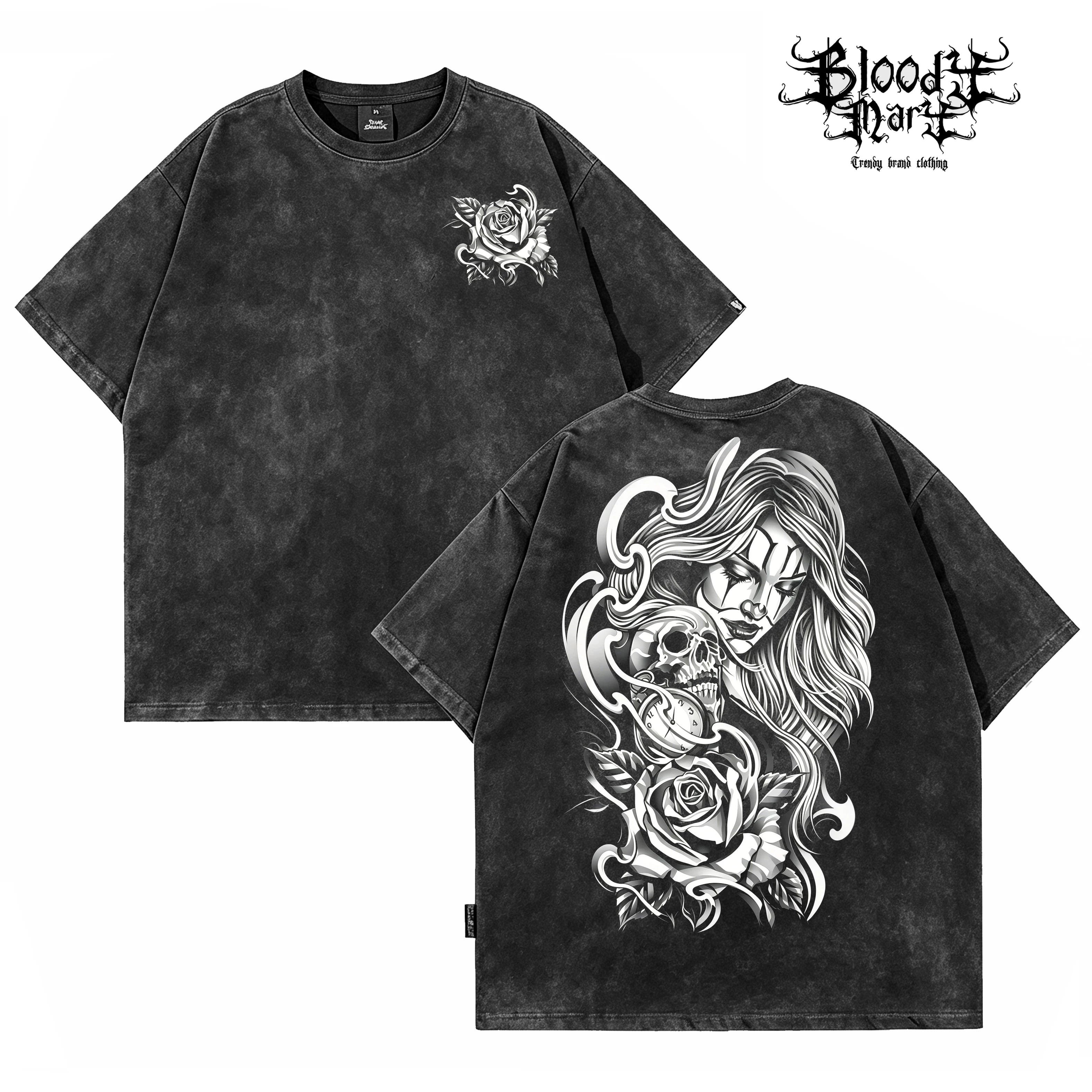 American hip-hop Chicano girl tattoo skeleton rose print short sleeved T-shirt men's loose dark fashion brand top