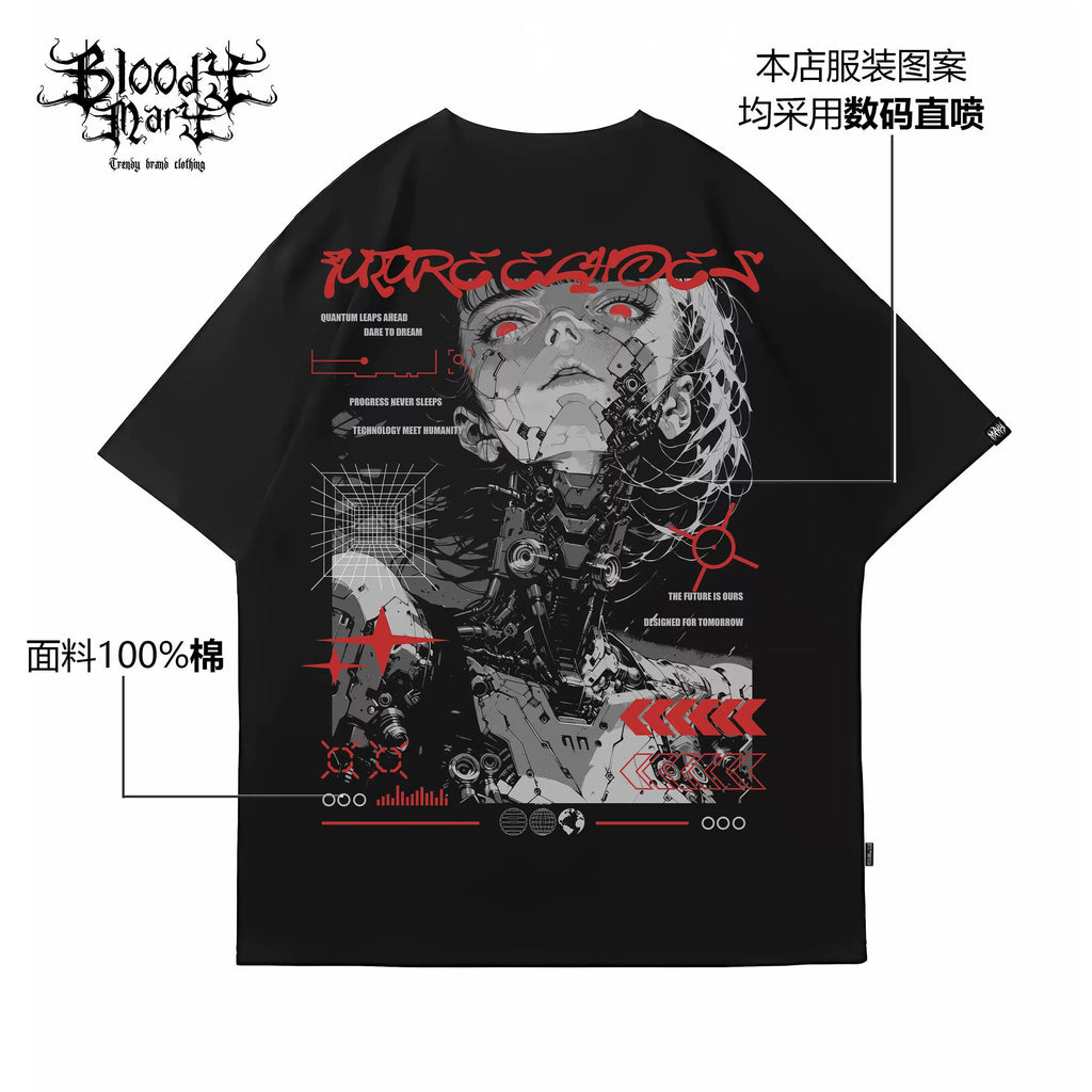 Original trendy brand American futuristic technology short sleeved men's and women's loose cotton heavyweight niche hip-hop retro T-shirt