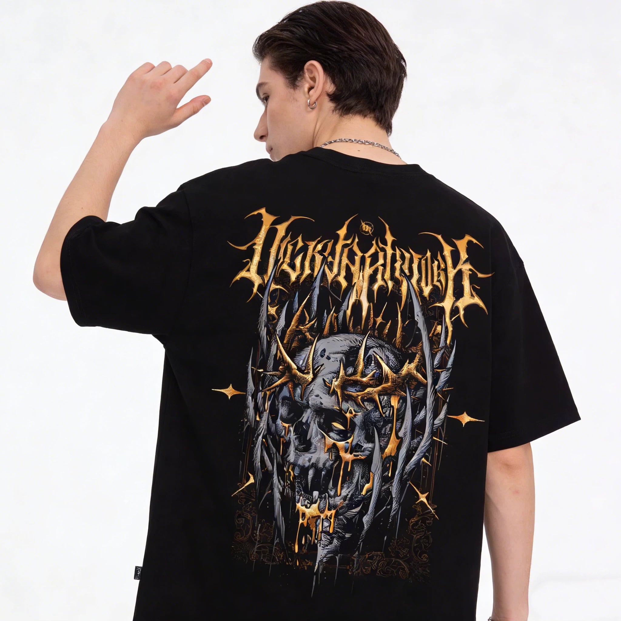 American street hip-hop, dark gothic style, metal printed short sleeved T-shirt, men's and women's loose casual versatile top trend