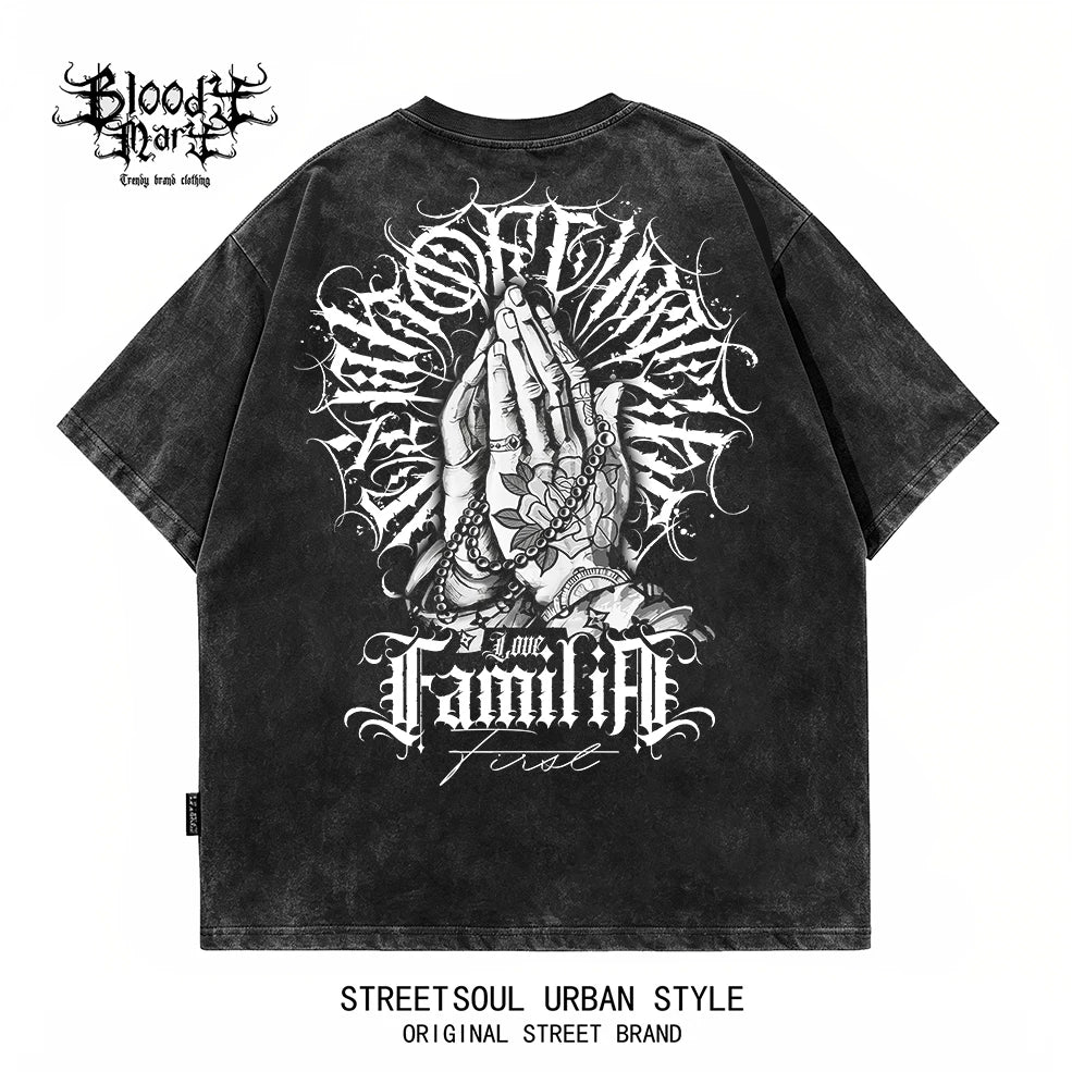 American hip-hop style black short sleeved T-shirt men's dark style prayer hand print heavyweight pure cotton loose top