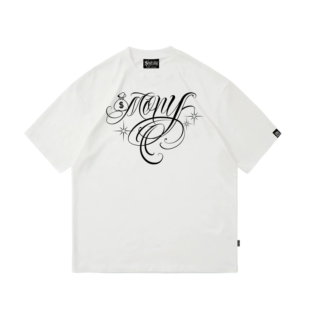 American hip-hop style floral font short sleeved T-shirt with loose shoulder sleeves for men and women, pure cotton trendy brand black tattoo artist top