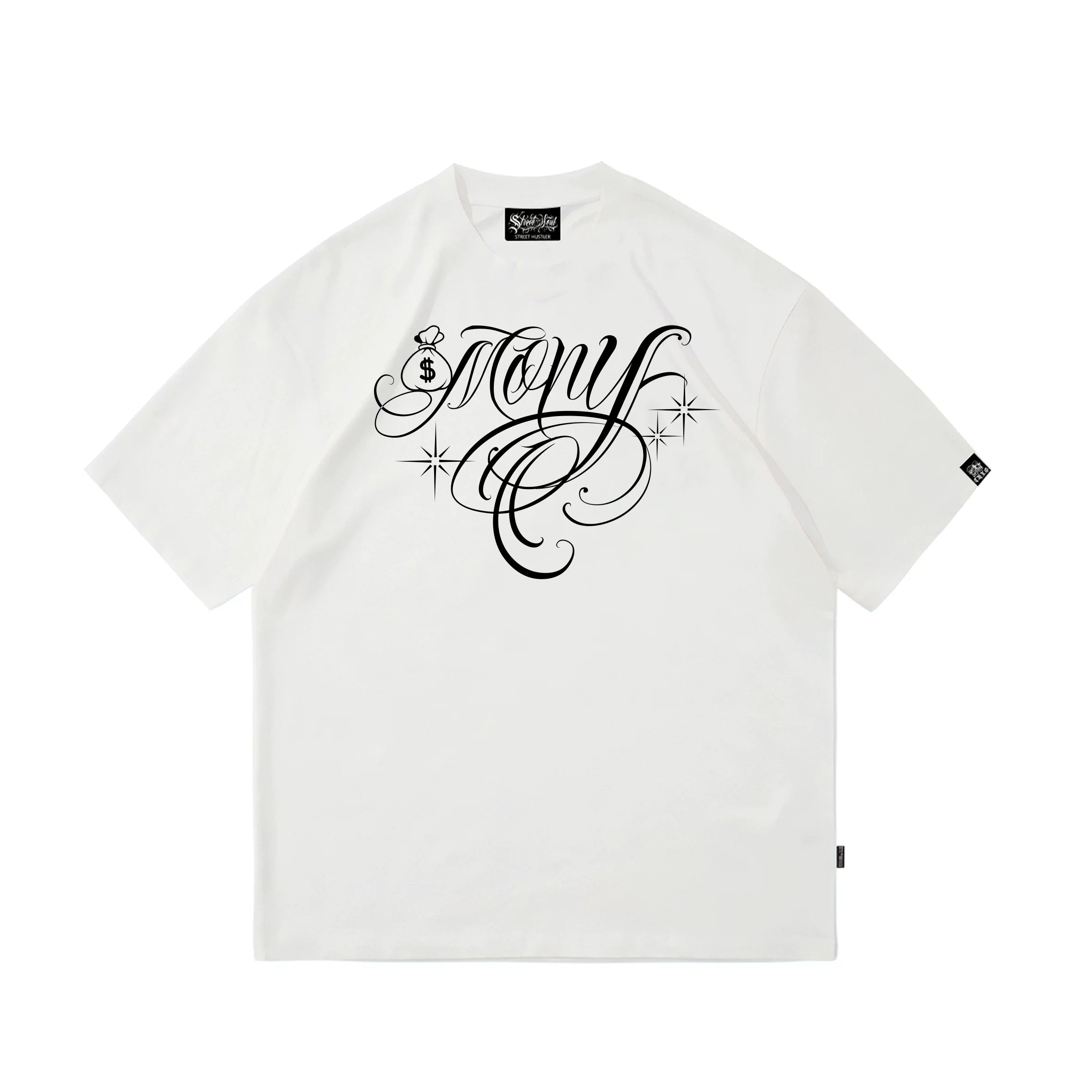 American hip-hop style floral font short sleeved T-shirt with loose shoulder sleeves for men and women, pure cotton trendy brand black tattoo artist top