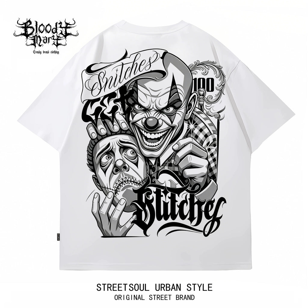 American hip-hop style West Coast Chicano clown print short sleeved T-shirt men's loose heavyweight pure cotton trendy brand top