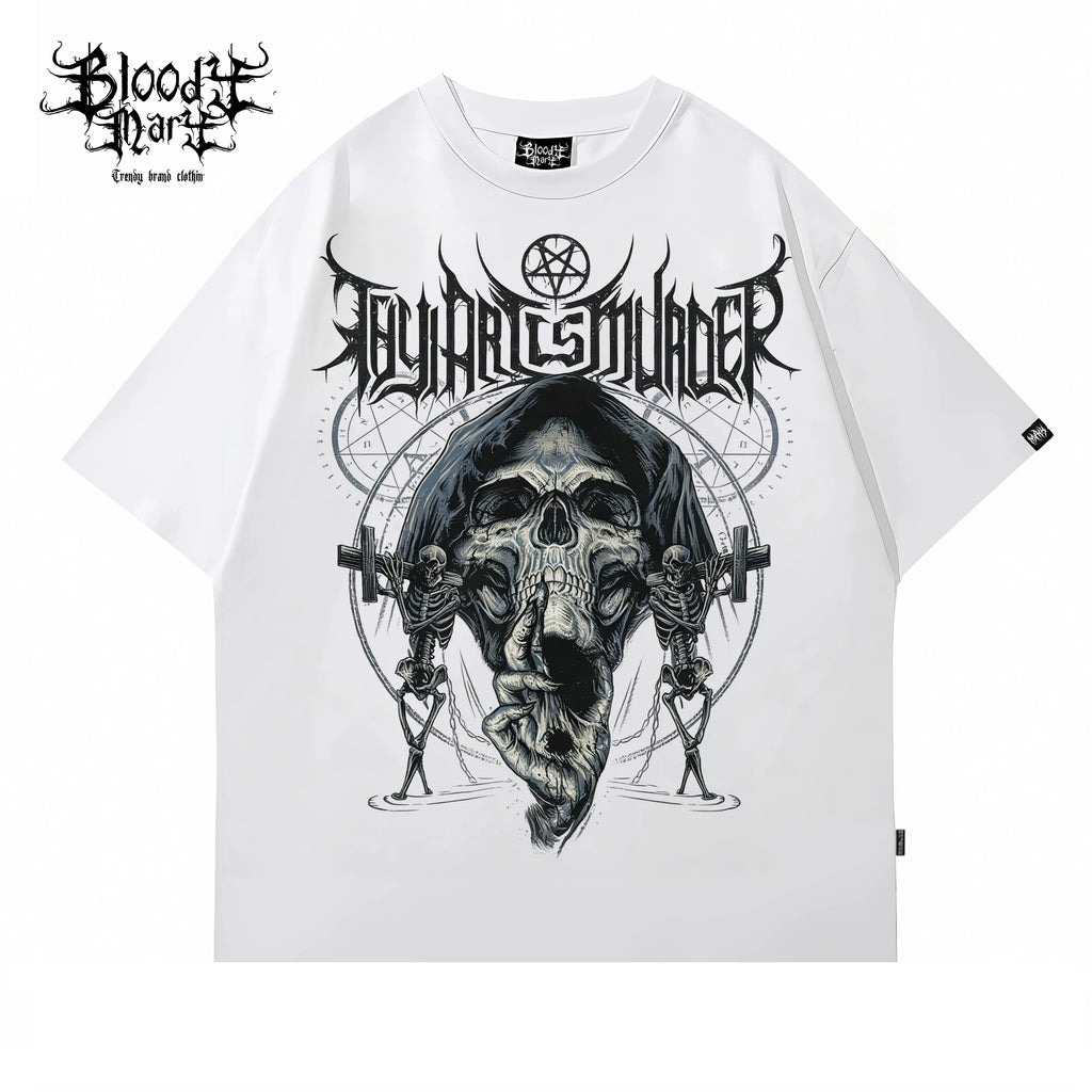 Original trendy retro rock style skull print short sleeved T-shirt black rock band top unisex