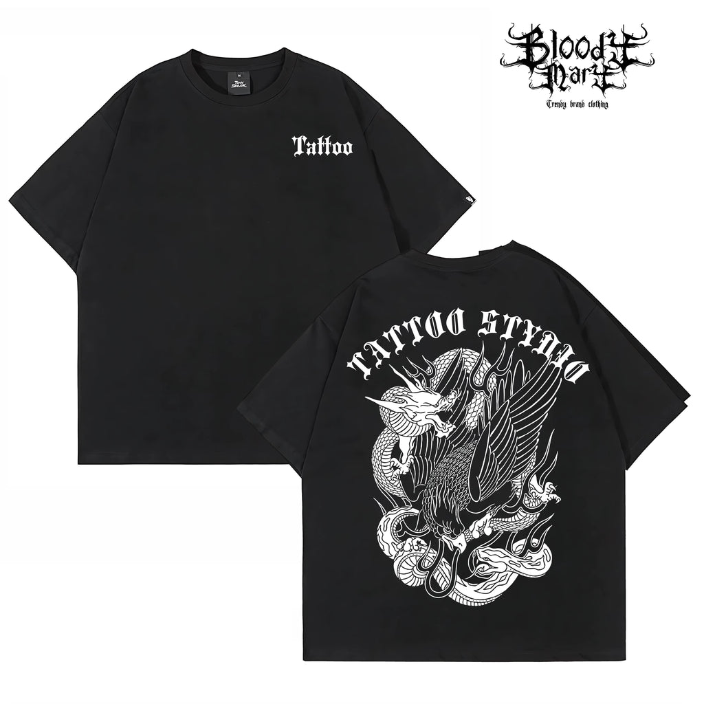 American street flower font short sleeved loose cotton heavyweight niche hip-hop tattoo artist trendy T-shirt