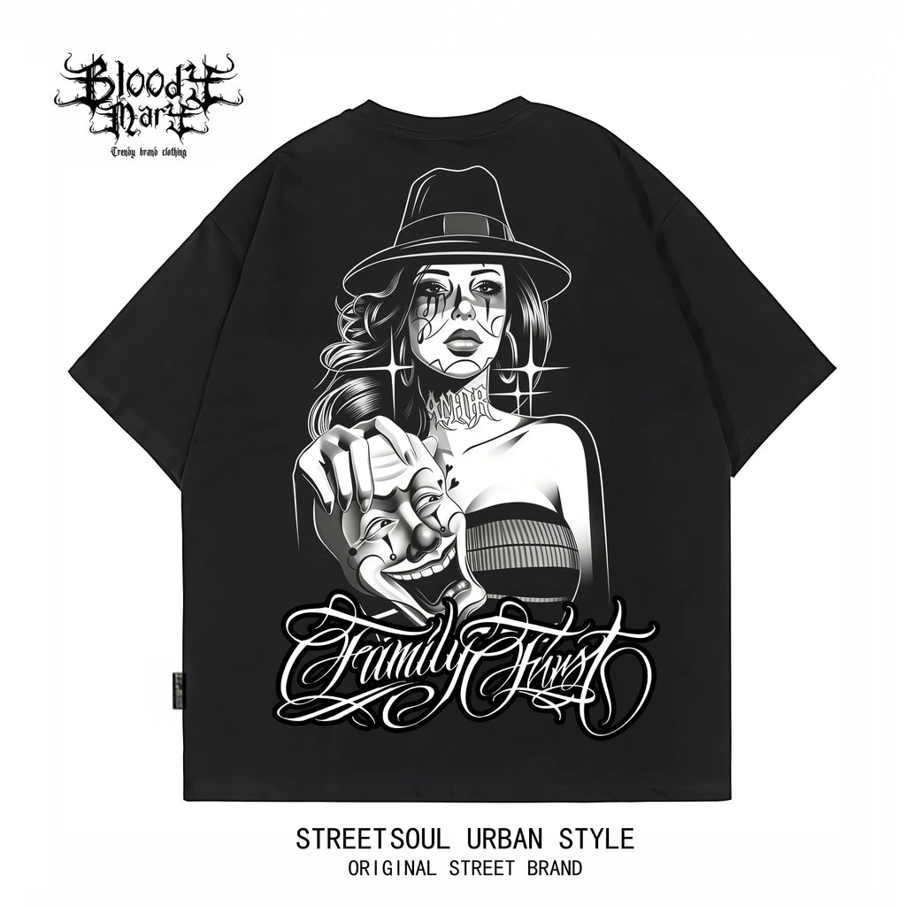 Chicano West Coast OG Black Short sleeved T-shirt Street Trendy Printed Round Neck Loose Top