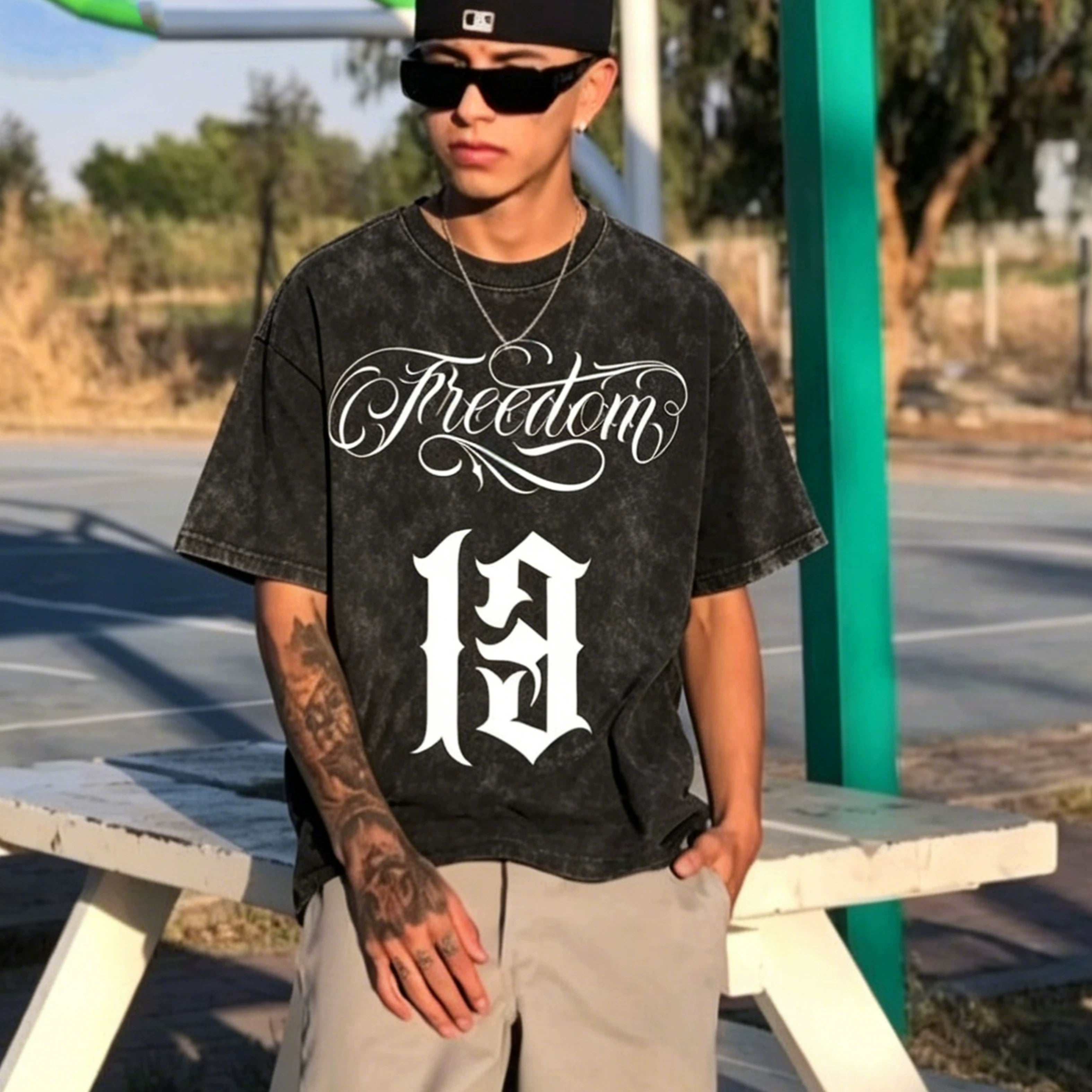 American street style West Coast heavyweight pure cotton short sleeved T-shirt men's loose oversized letter Chicano top