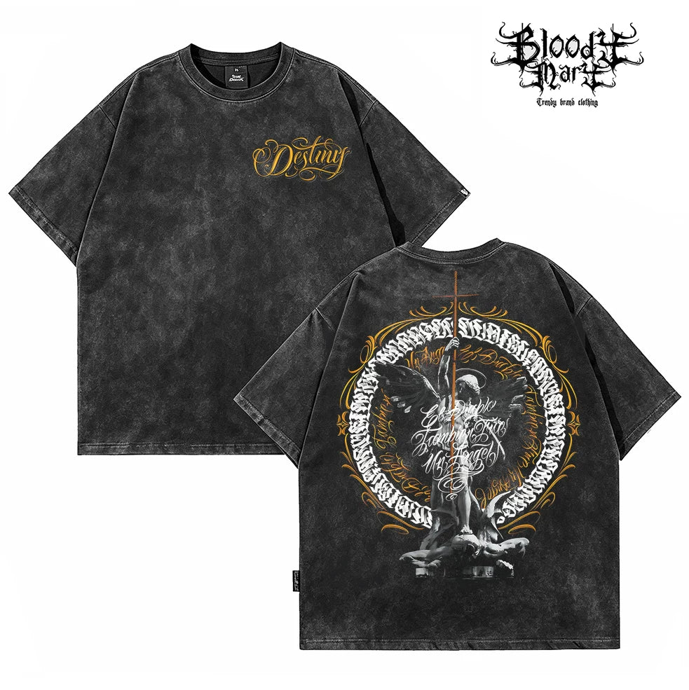 American hip-hop West Coast floral font black short sleeved T-shirt men's dark style print heavyweight pure cotton loose trendy brand