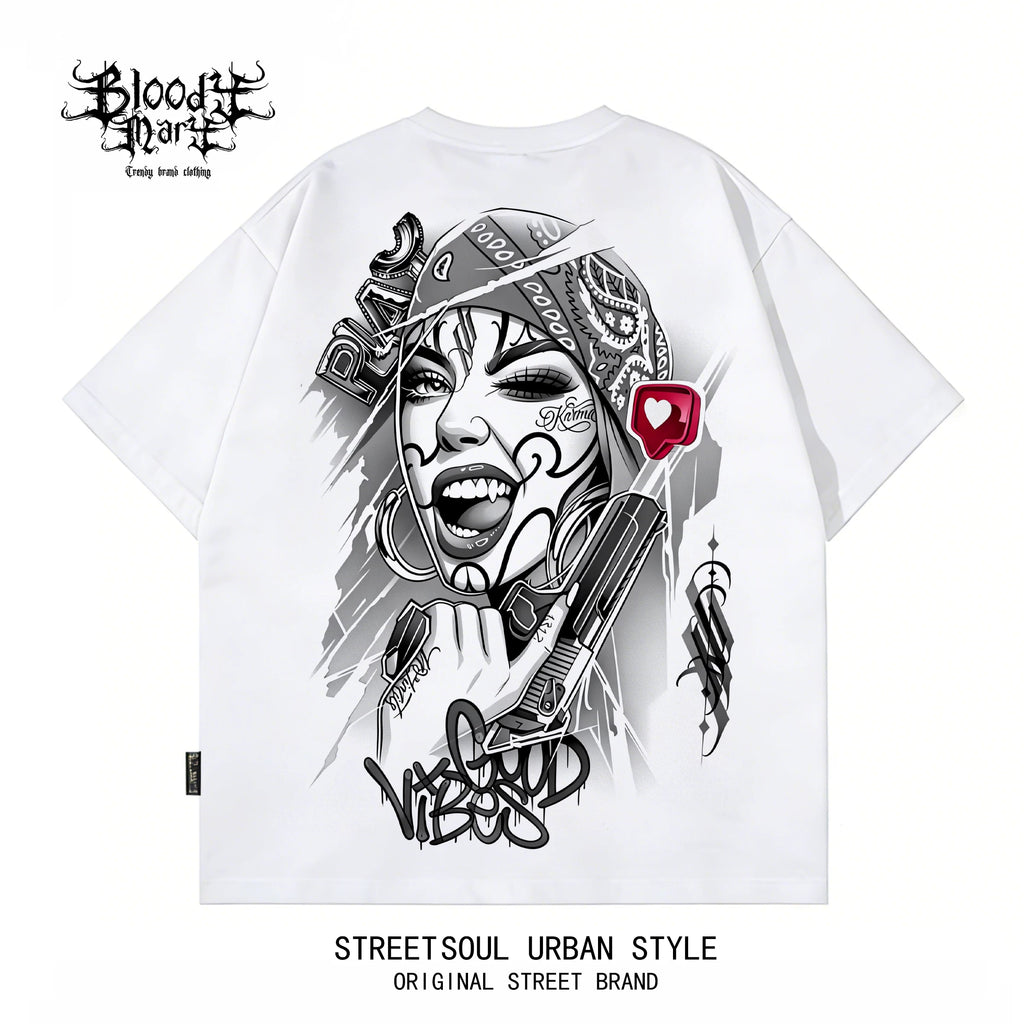 Original Trendy American West Coast Flower Font Hip Hop Black Printed Short sleeved T-shirt for Men, Loose Cotton, Rock