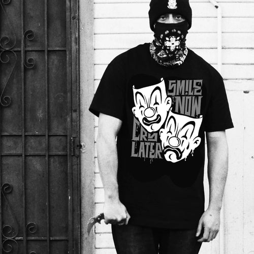 American fashion brand Kano floral font clown gang hip-hop English mask crying smiling face American heavyweight loose T-shirt