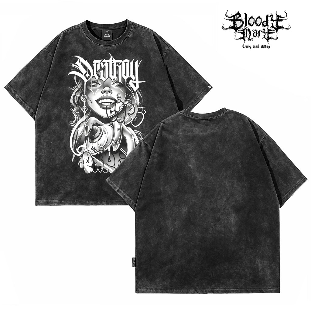 Trendy American West Coast retro anime printed short sleeved T-shirt for men and women, washed and worn loose street style top