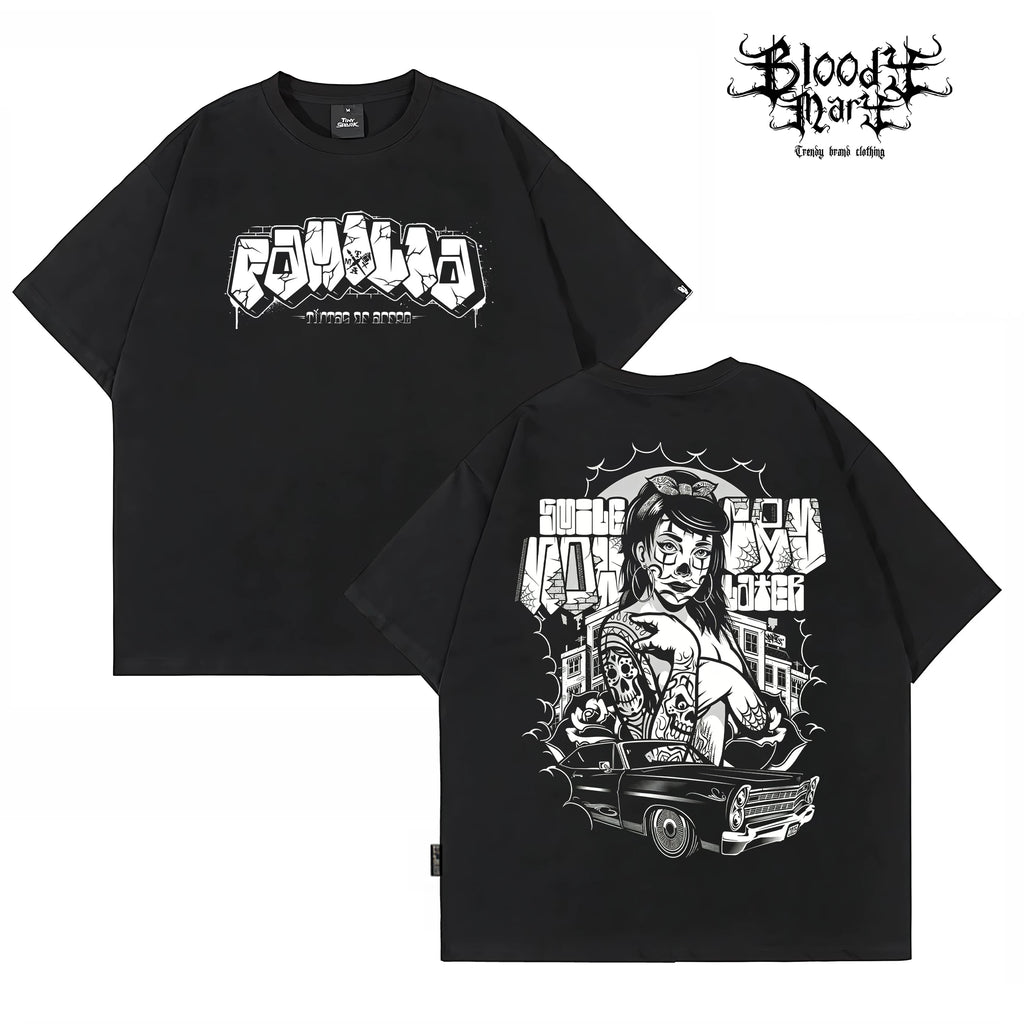 American Hip Hop Chicano Graffiti Flower Font Black Short Sleeve T-shirt Loose Heavy Cotton Rock Versatile Trendy Brand