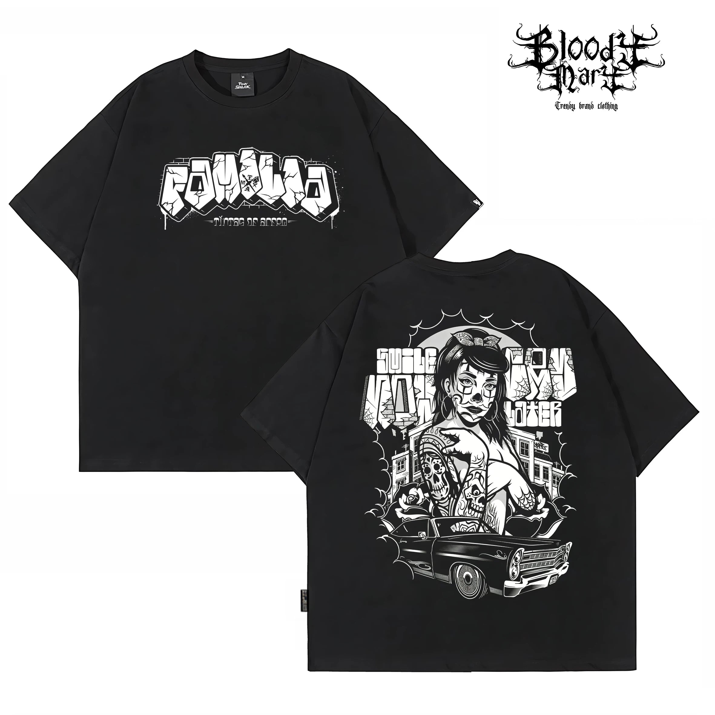 American Hip Hop Chicano Graffiti Flower Font Black Short Sleeve T-shirt Loose Heavy Cotton Rock Versatile Trendy Brand