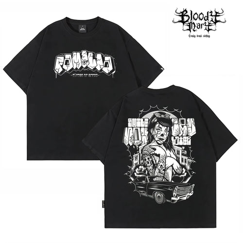 American Hip Hop Chicano Graffiti Flower Font Black Short Sleeve T-shirt Loose Heavy Cotton Rock Versatile Trendy Brand