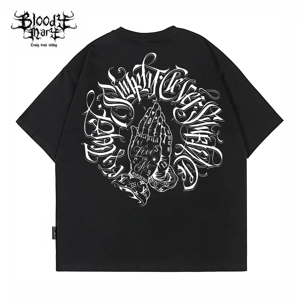 American West Coast Prayer Hand T-shirt with floral font circle, street dance tattoo artist, gangsters, heavyweight plus size hip-hop label