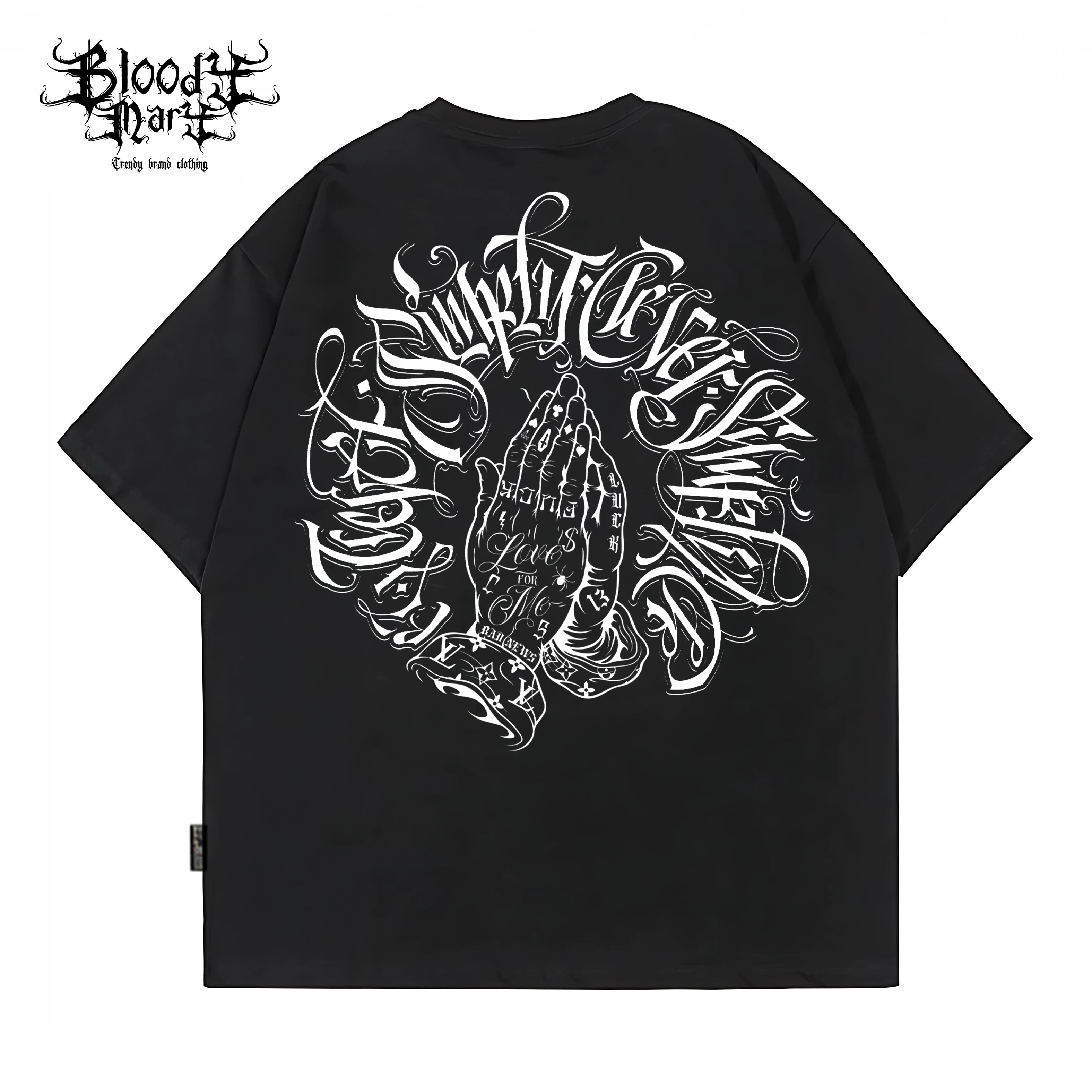 American West Coast Prayer Hand T-shirt with floral font circle, street dance tattoo artist, gangsters, heavyweight plus size hip-hop label