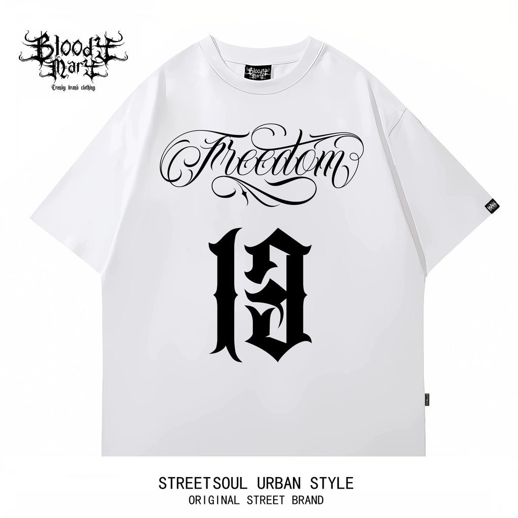 Street casual style black short sleeved T-shirt men's Chicano print loose cotton round neck floral font bandit top