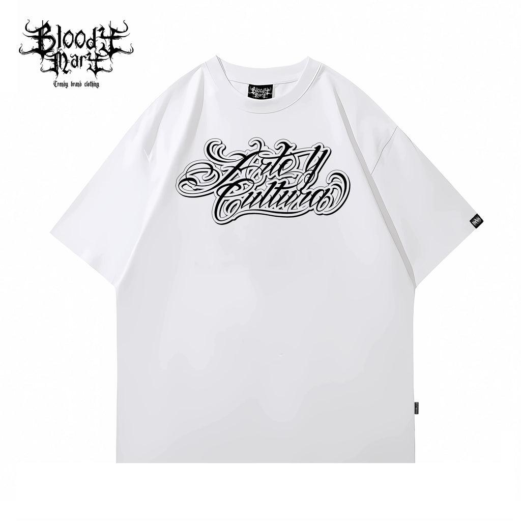 Trendy American street flower font short sleeved loose cotton heavyweight niche hip-hop tattoo artist skeleton T-shirt
