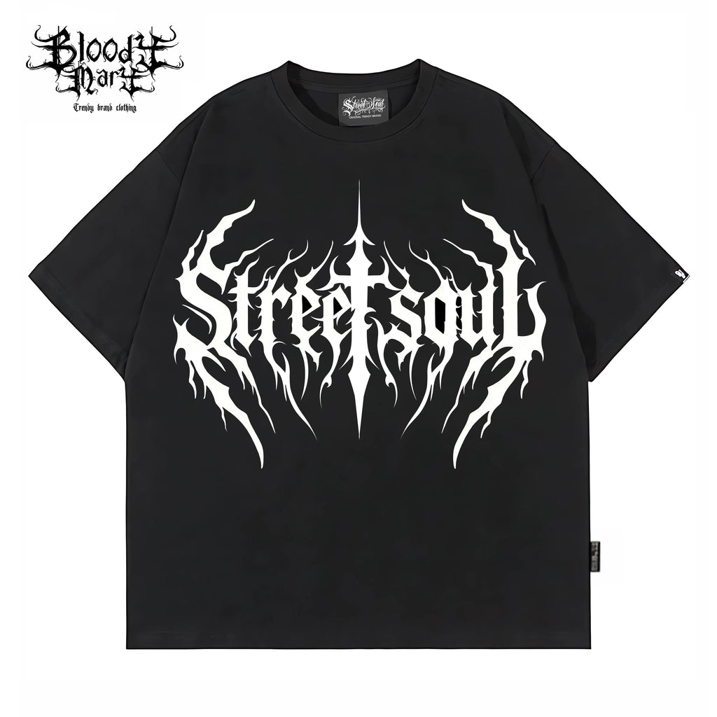 American hip-hop style black short sleeved printed T-shirt for men, loose rock letter pattern top, floral tattoo artist