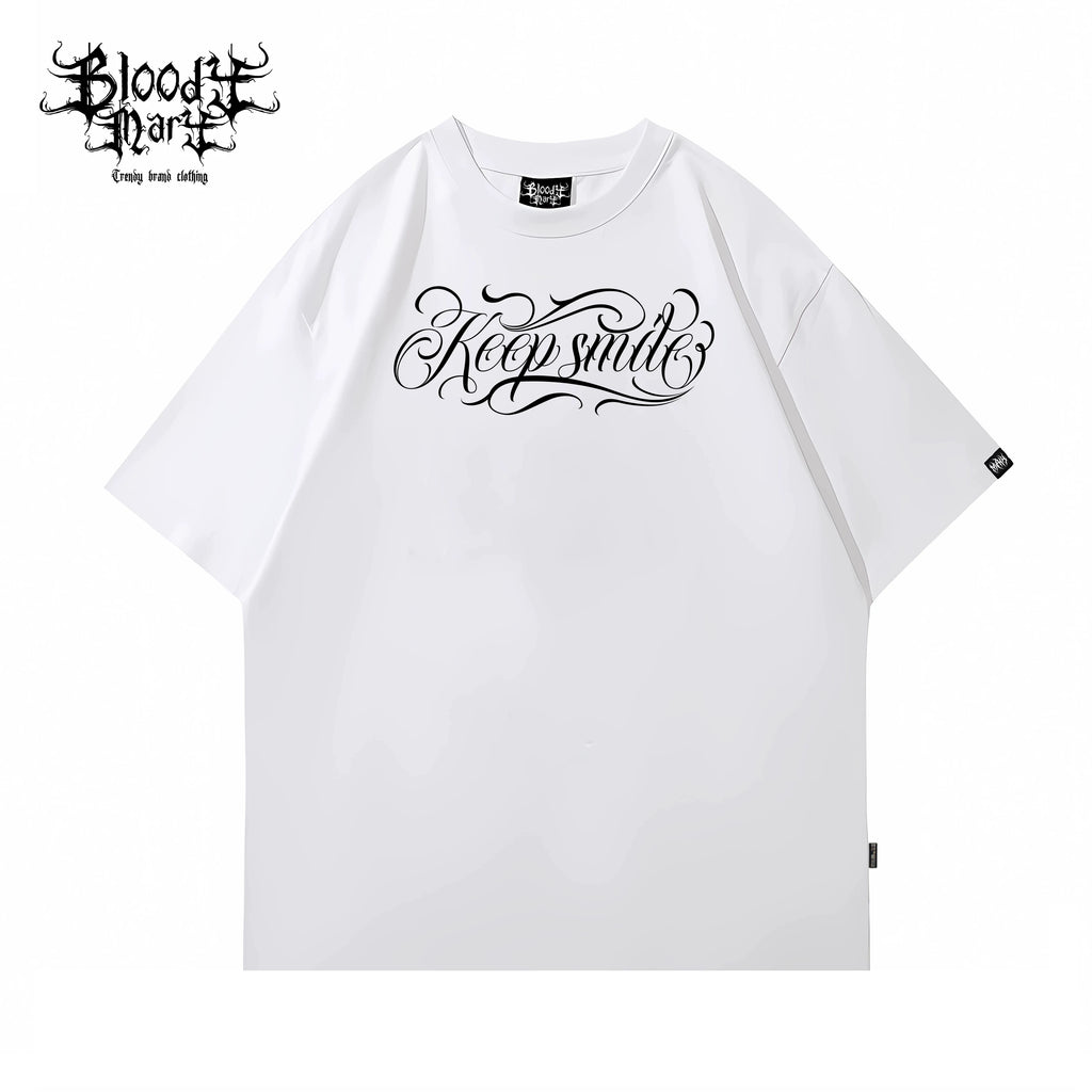 Round neck trendy brand American street flower font short sleeved men's and women's loose cotton heavyweight niche hip-hop clown T-shirt
