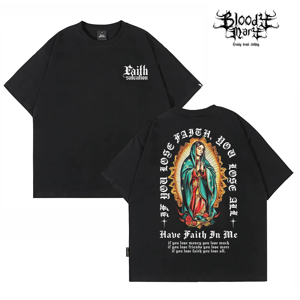 Original Trendy American West Coast Chicano Flower Font Street Head Wind Heavy Cotton Short Sleeve Loose Printed T-shirt