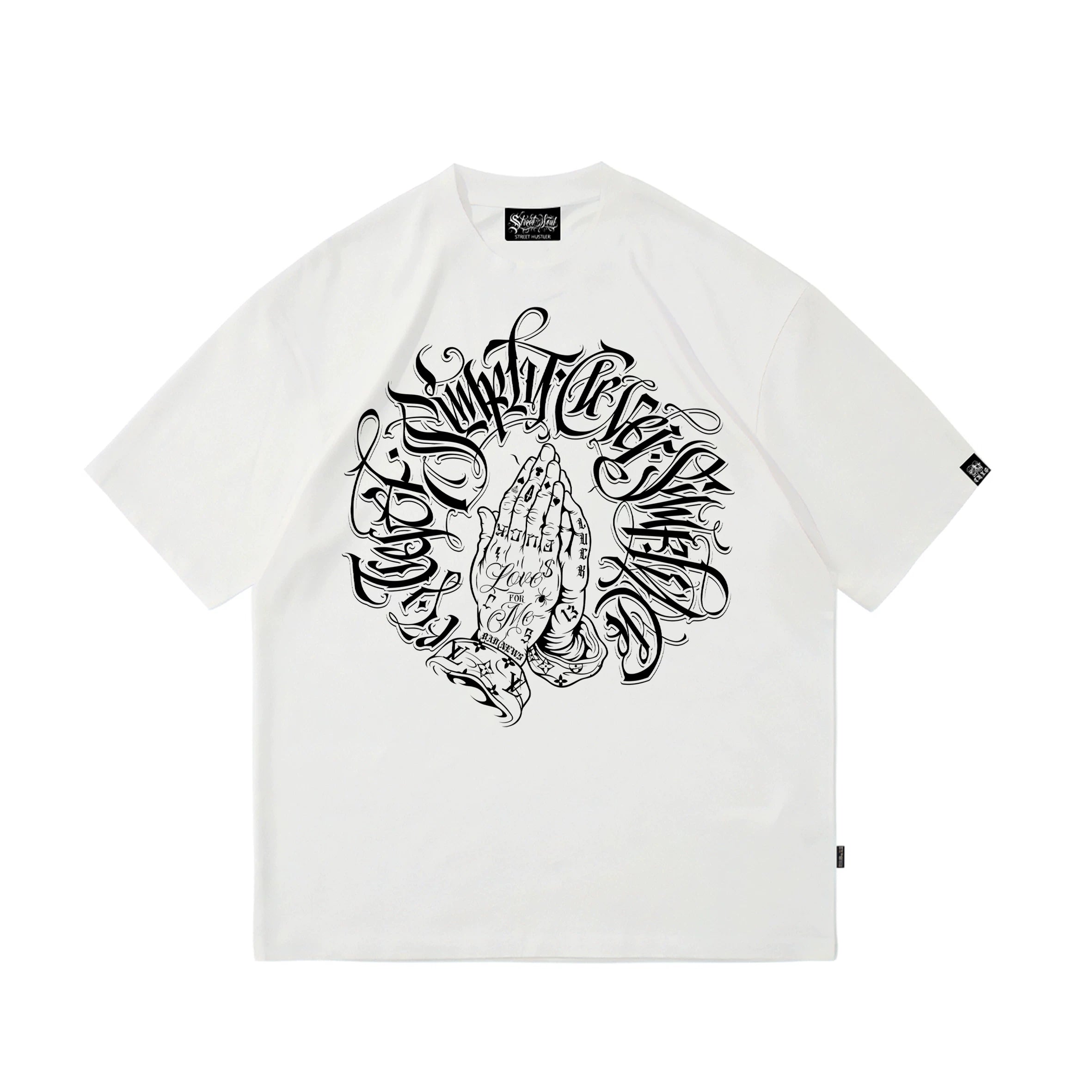 American West Coast Prayer Hand T-shirt with floral font circle, street dance tattoo artist, gangsters, heavyweight plus size hip-hop label