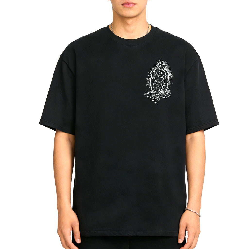 American West Coast Prayer Hand T-shirt with floral font circle, street dance tattoo artist, gangsters, heavyweight plus size hip-hop label
