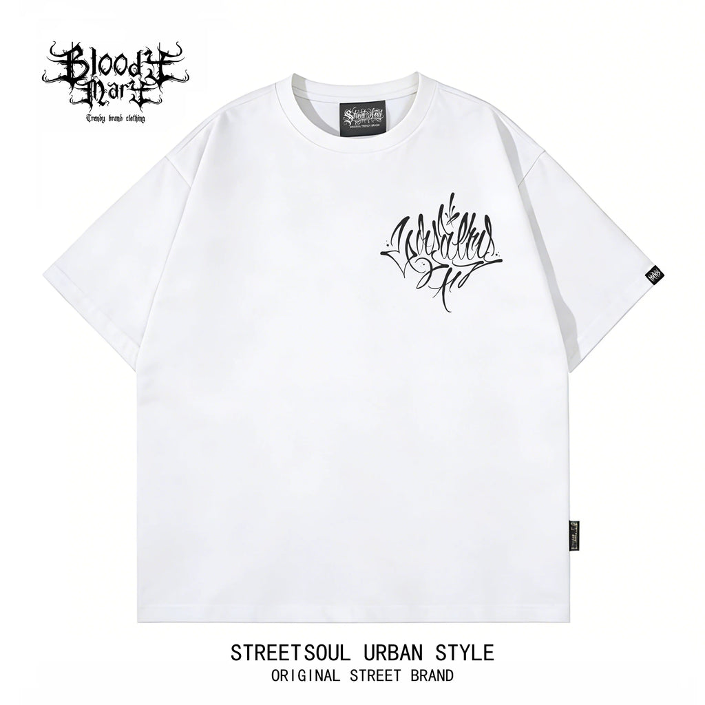 American Trendy Brand Flower Font West Coast Hip Hop Black Short sleeved T-shirt Loose Cotton Heavy duty Letter Printed Trendy Brand