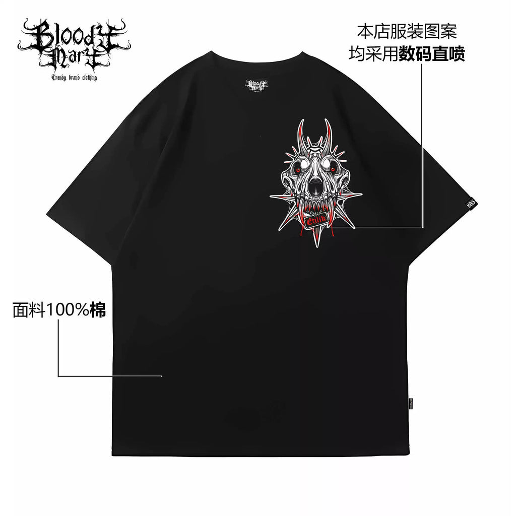 Original Trendy Brand American Street Devil Flower Font Short Sleeve Men's and Women's Loose Cotton Heavy Weight Niche Hip Hop T-shirt