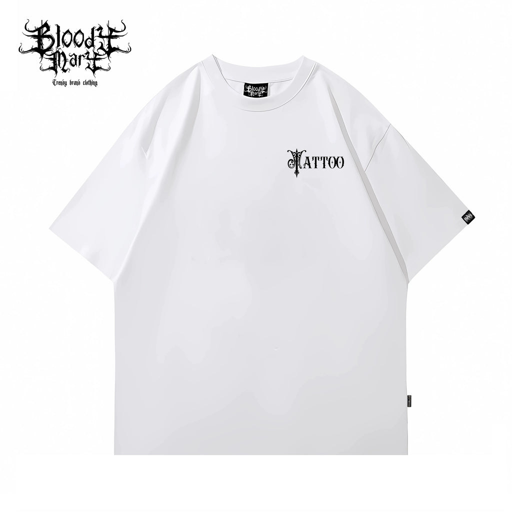 American traditional dragon street flower font short sleeved loose cotton heavyweight niche hip-hop tattoo artist trendy T-shirt