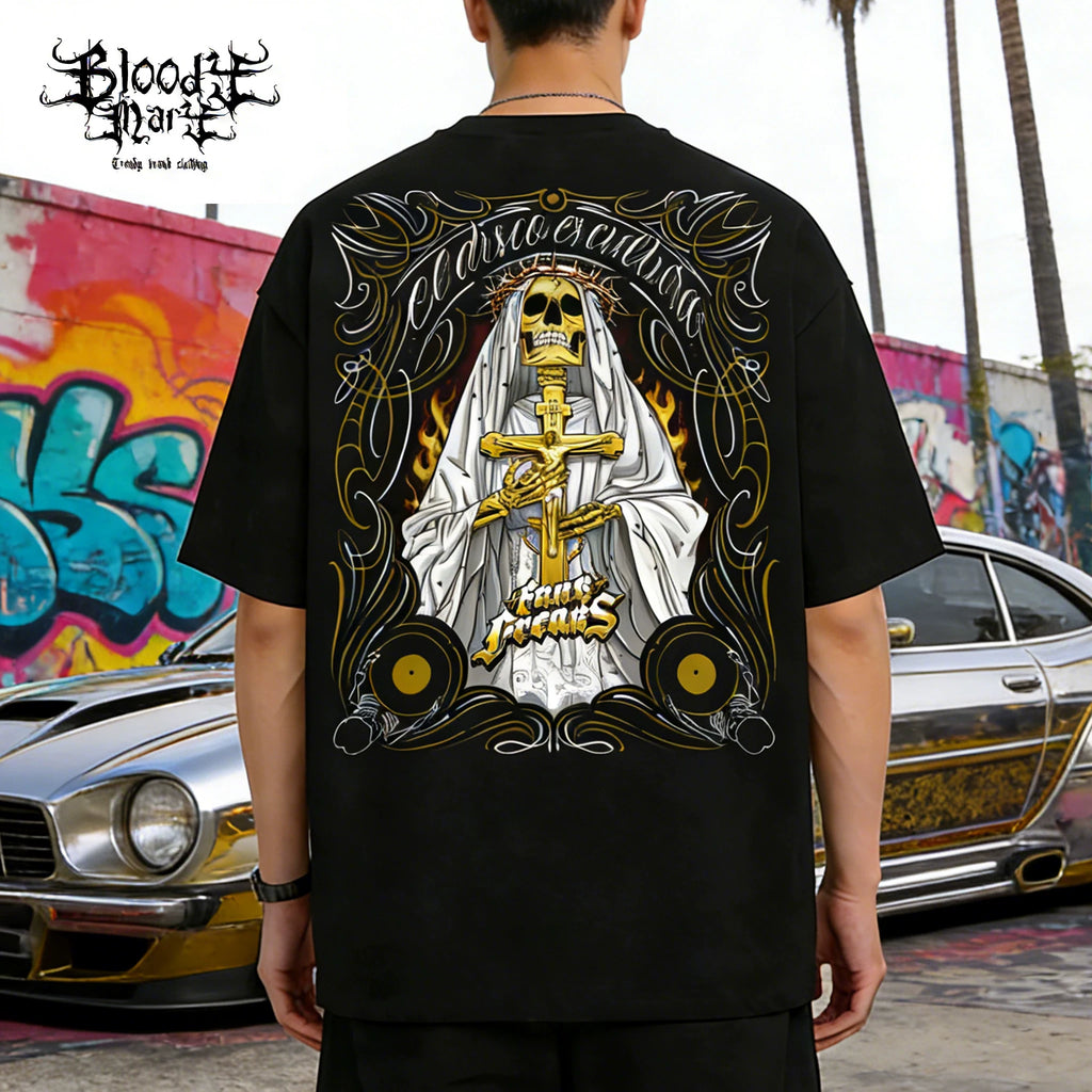 American retro West Coast rock style skull print short sleeved T-shirt for men and women, black pure cotton rock trend brand flower body