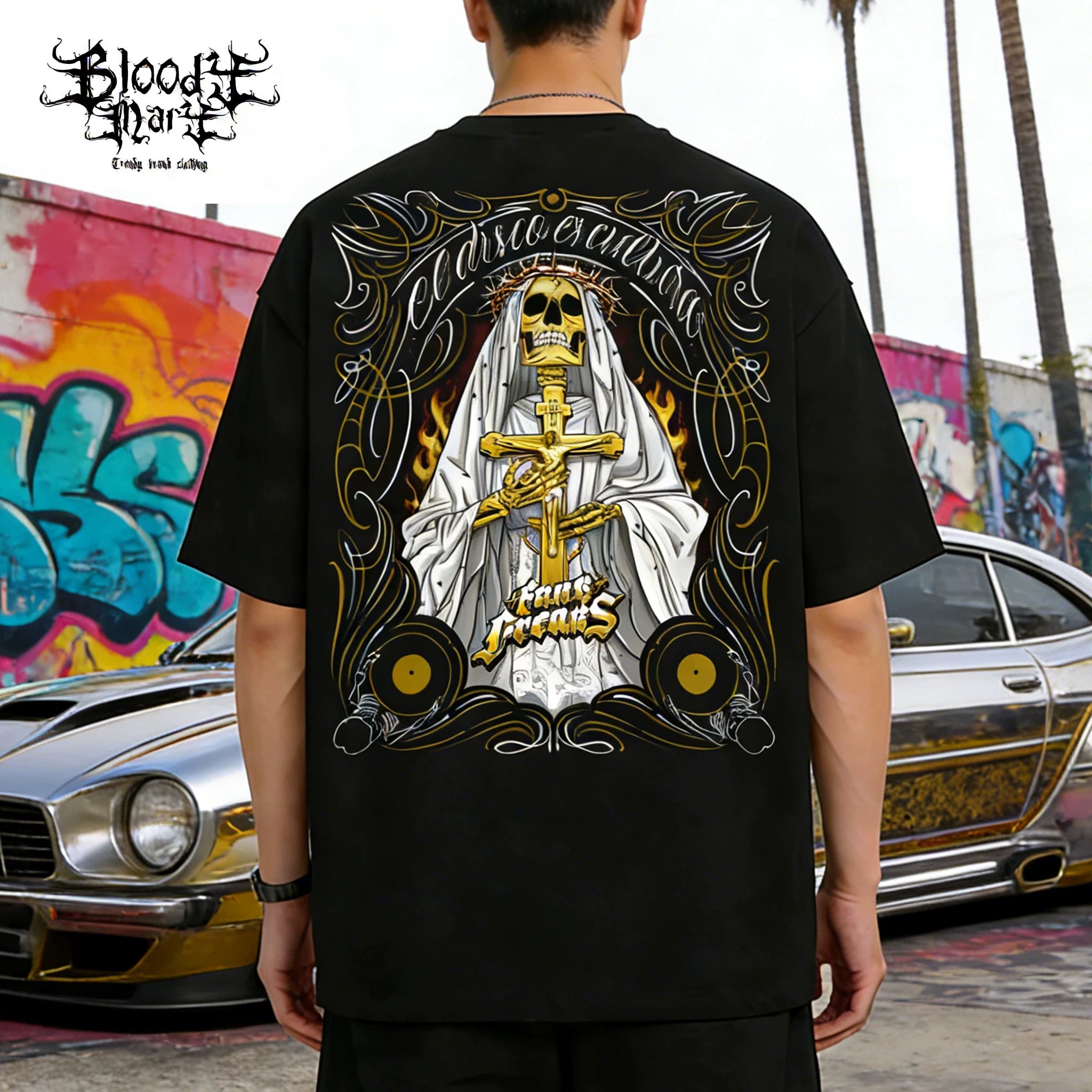 American retro West Coast rock style skull print short sleeved T-shirt for men and women, black pure cotton rock trend brand flower body