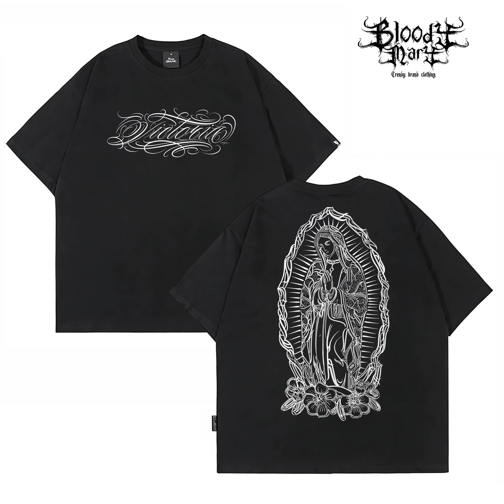 American West Coast Chicano Hip Hop Style Black Short Sleeve Round Neck T-shirt Loose Printed Top Trendy Brand Couple Style