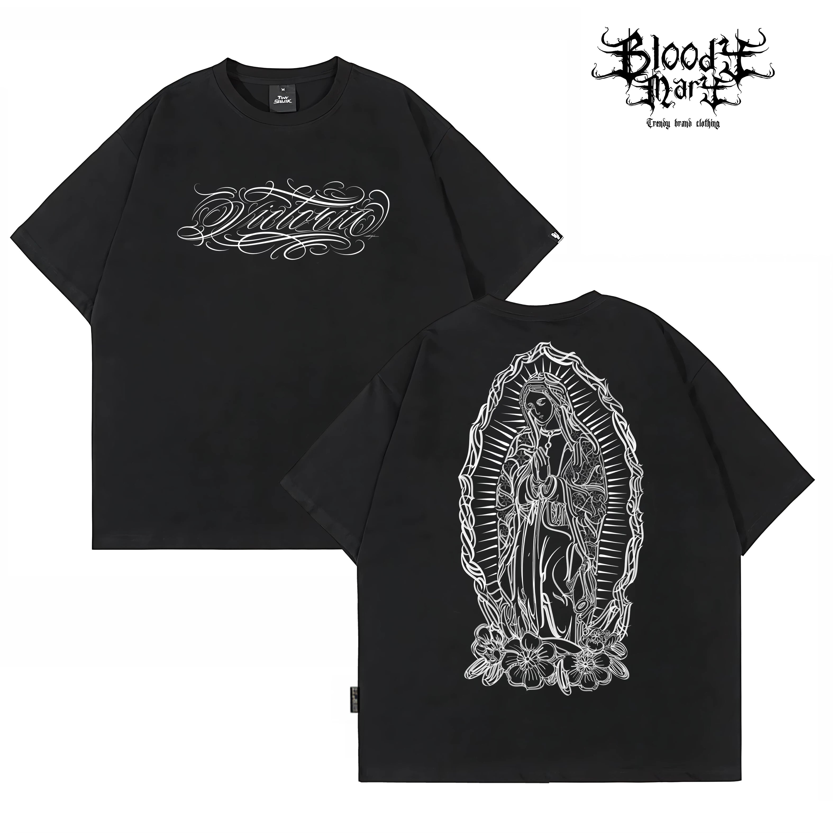 American West Coast Chicano Hip Hop Style Black Short Sleeve Round Neck T-shirt Loose Printed Top Trendy Brand Couple Style