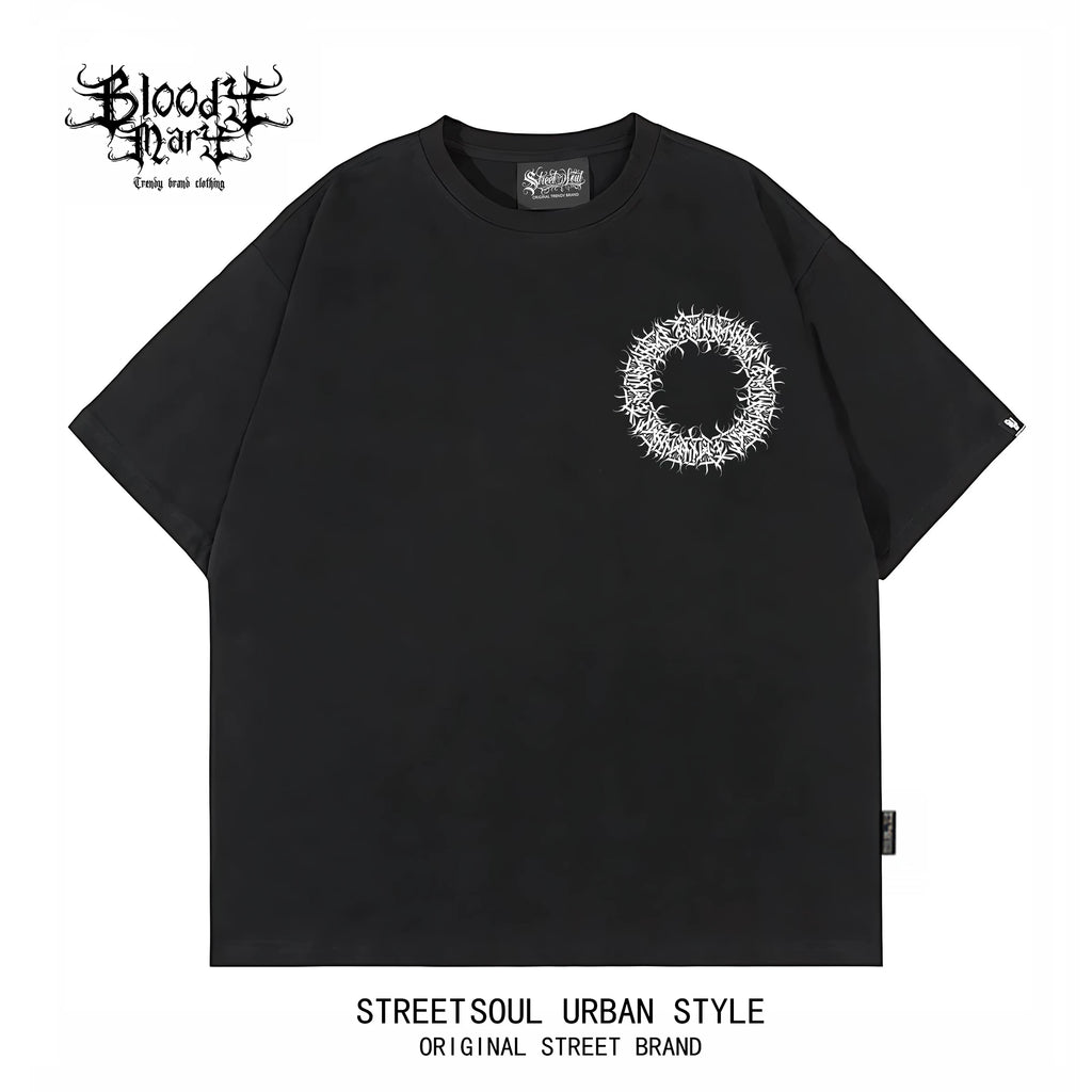 American West Coast floral font hip-hop style black short sleeved T-shirt men's dark style printed heavyweight pure cotton trendy brand