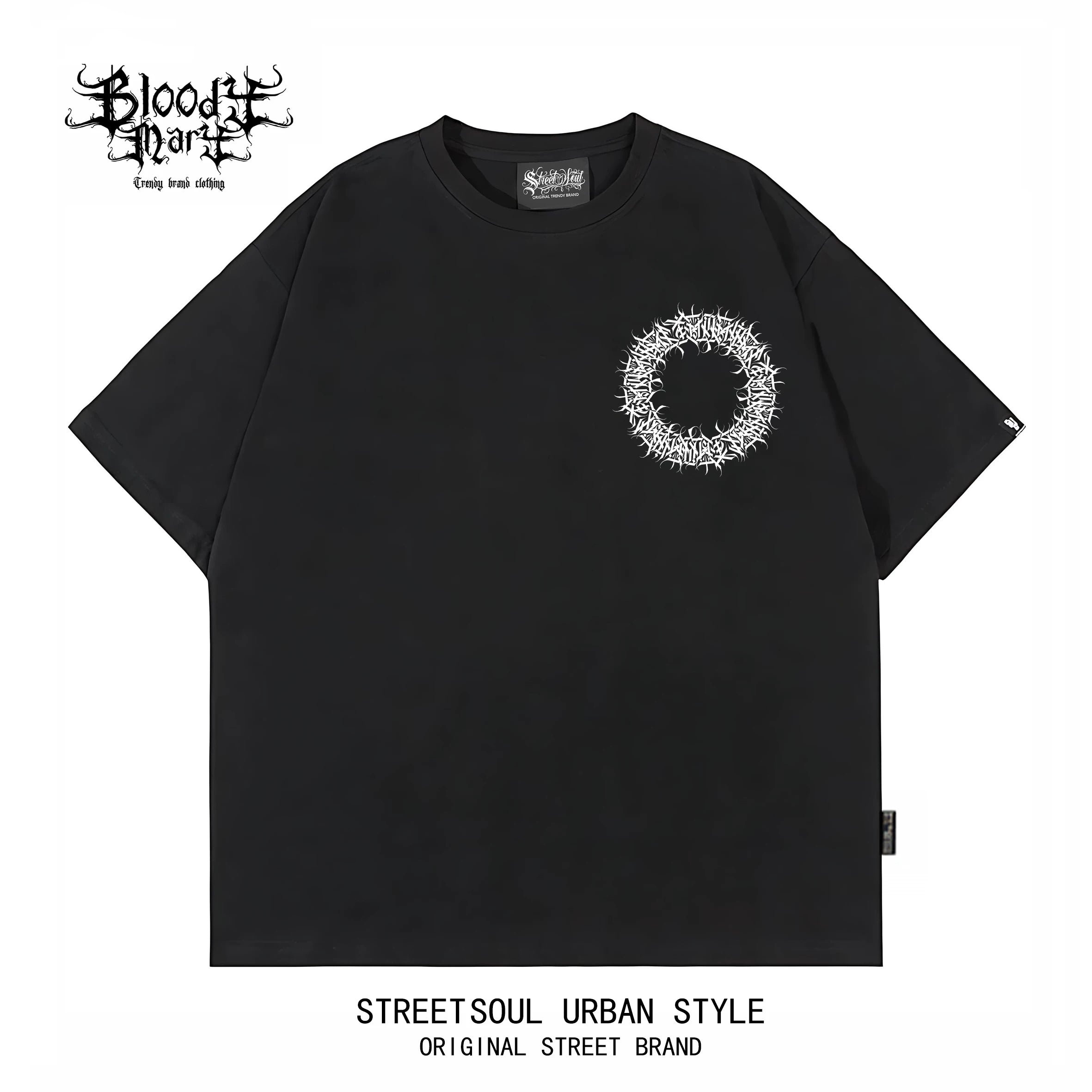American West Coast floral font hip-hop style black short sleeved T-shirt men's dark style printed heavyweight pure cotton trendy brand