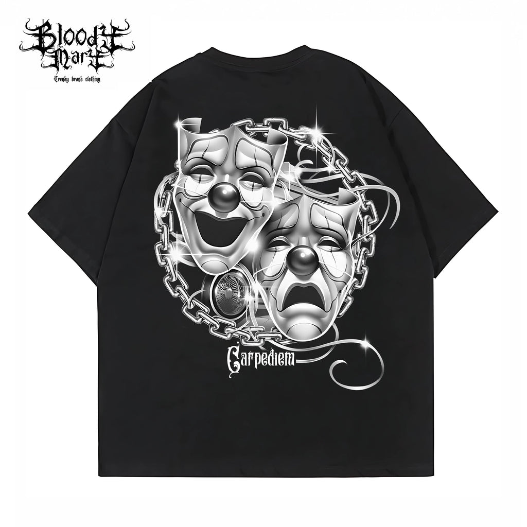 Trendy American Street Chicano Flower Font Short Sleeve Loose Cotton Heavy Weight Clown Hip Hop Tattoo Artist T-shirt Crowd