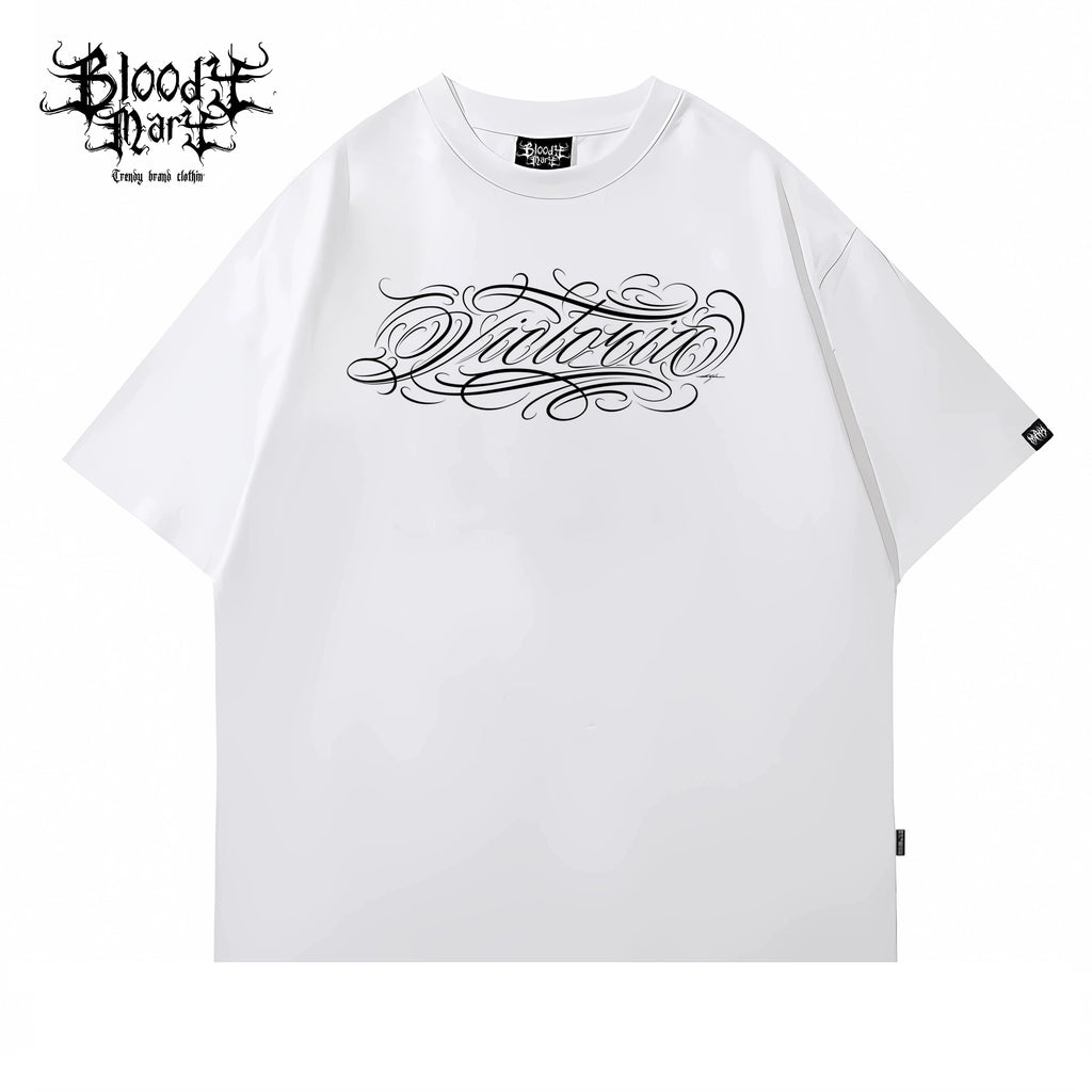 American West Coast Chicano Hip Hop Style Black Short Sleeve Round Neck T-shirt Loose Printed Top Trendy Brand Couple Style