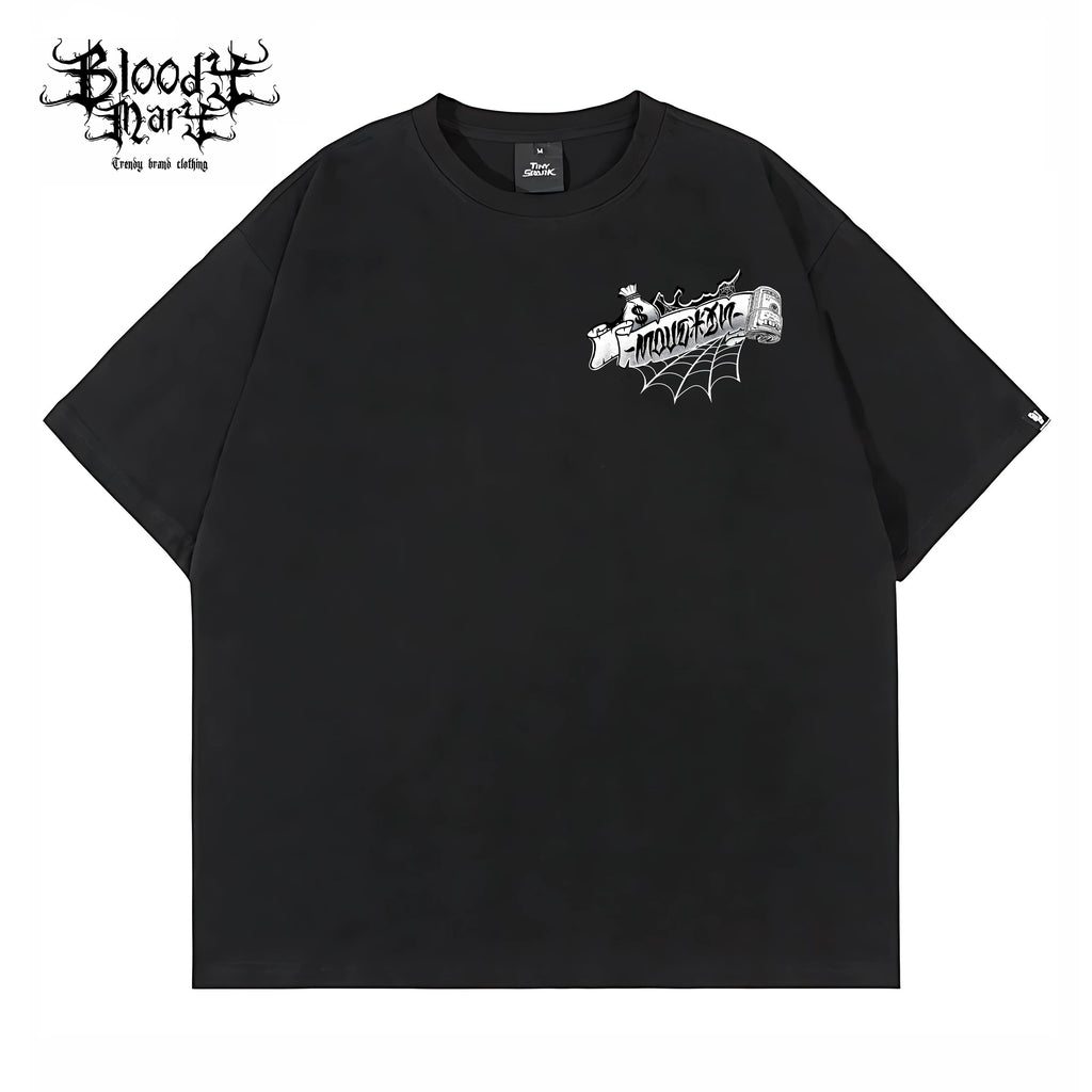 American Street Retro USD Banknote Flower Font Loose Cotton Heavy Weight Niche Hip Hop Tattoo Artist Trendy Brand T-shirt