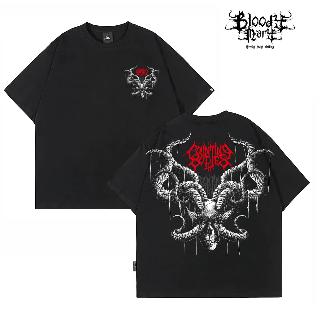 Dark American hip-hop style, dark skull print, round neck short sleeved T-shirt for men and women, loose and heavy weight, pure cotton rock