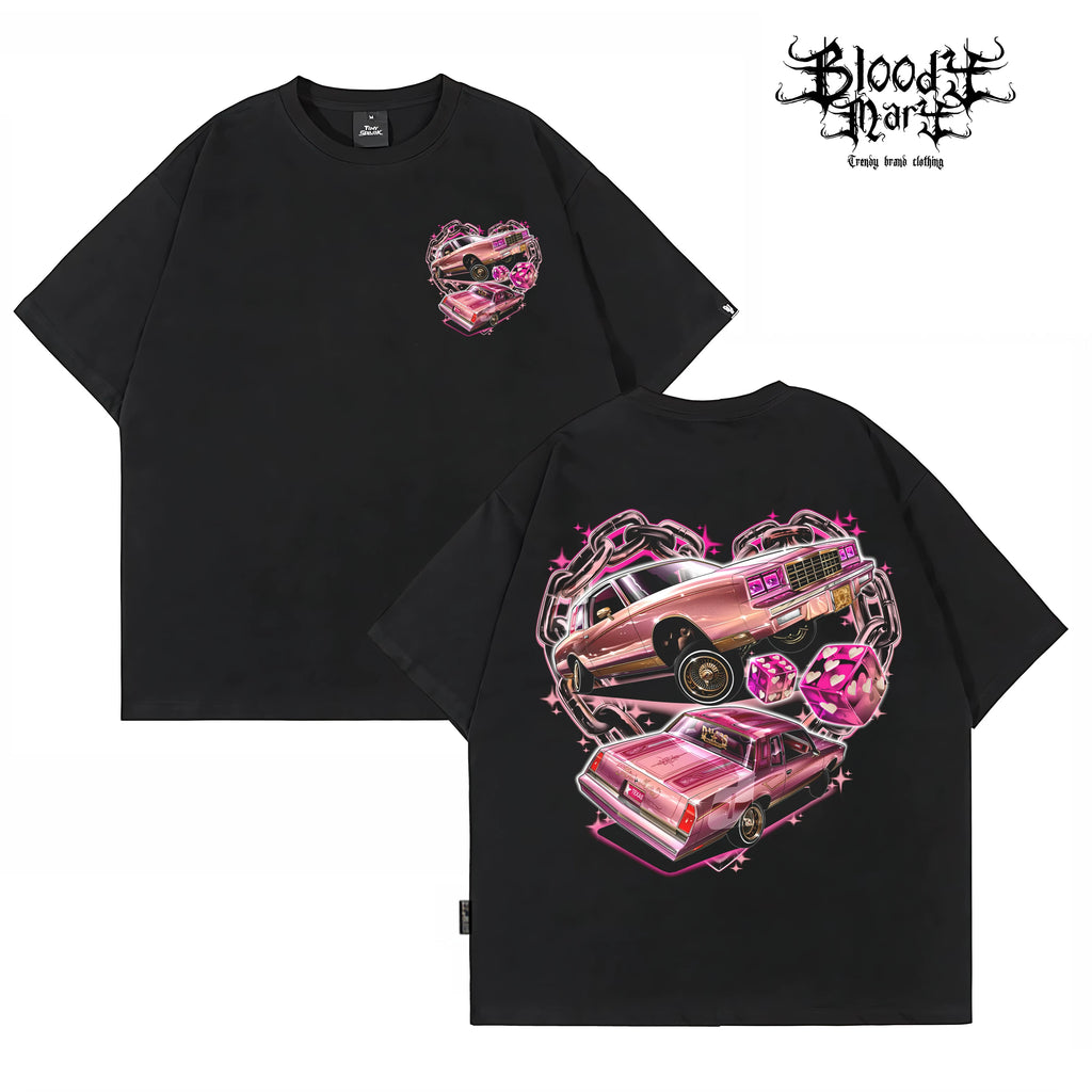 American style graffiti style Chicano car printed short sleeved T-shirt for men and women, loose black heavyweight pure cotton top