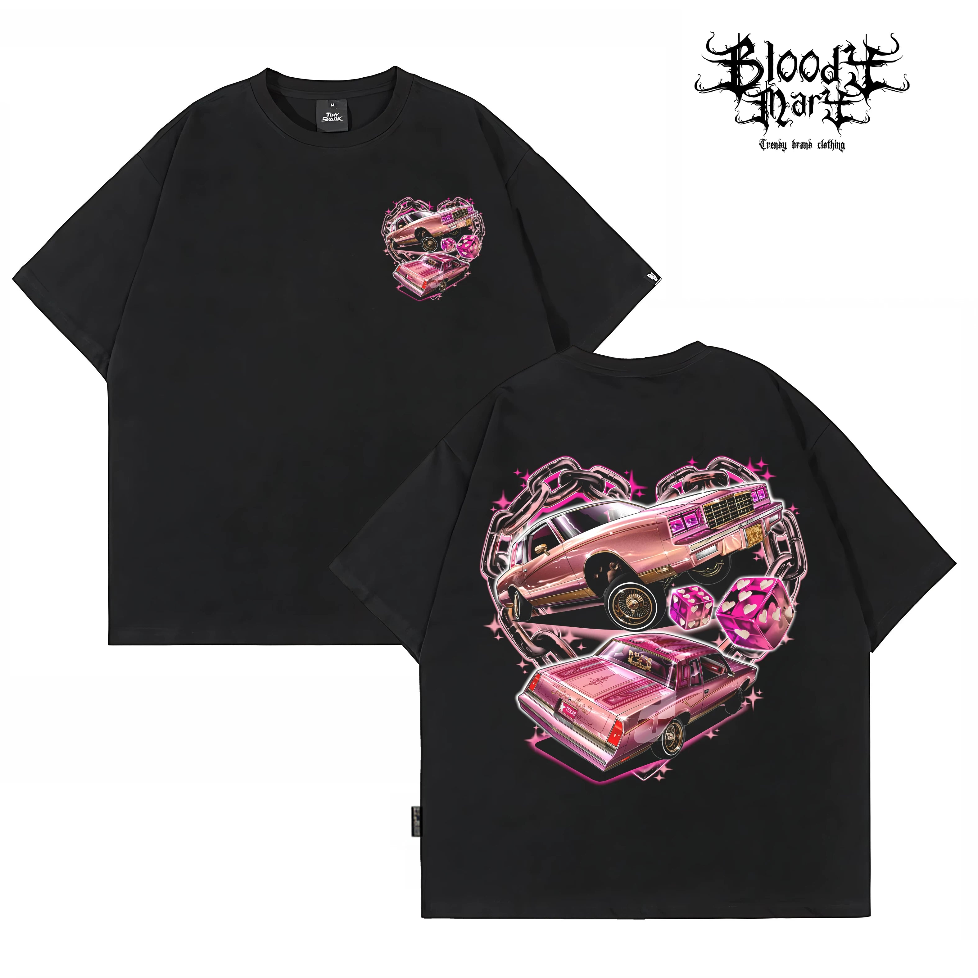 American style graffiti style Chicano car printed short sleeved T-shirt for men and women, loose black heavyweight pure cotton top