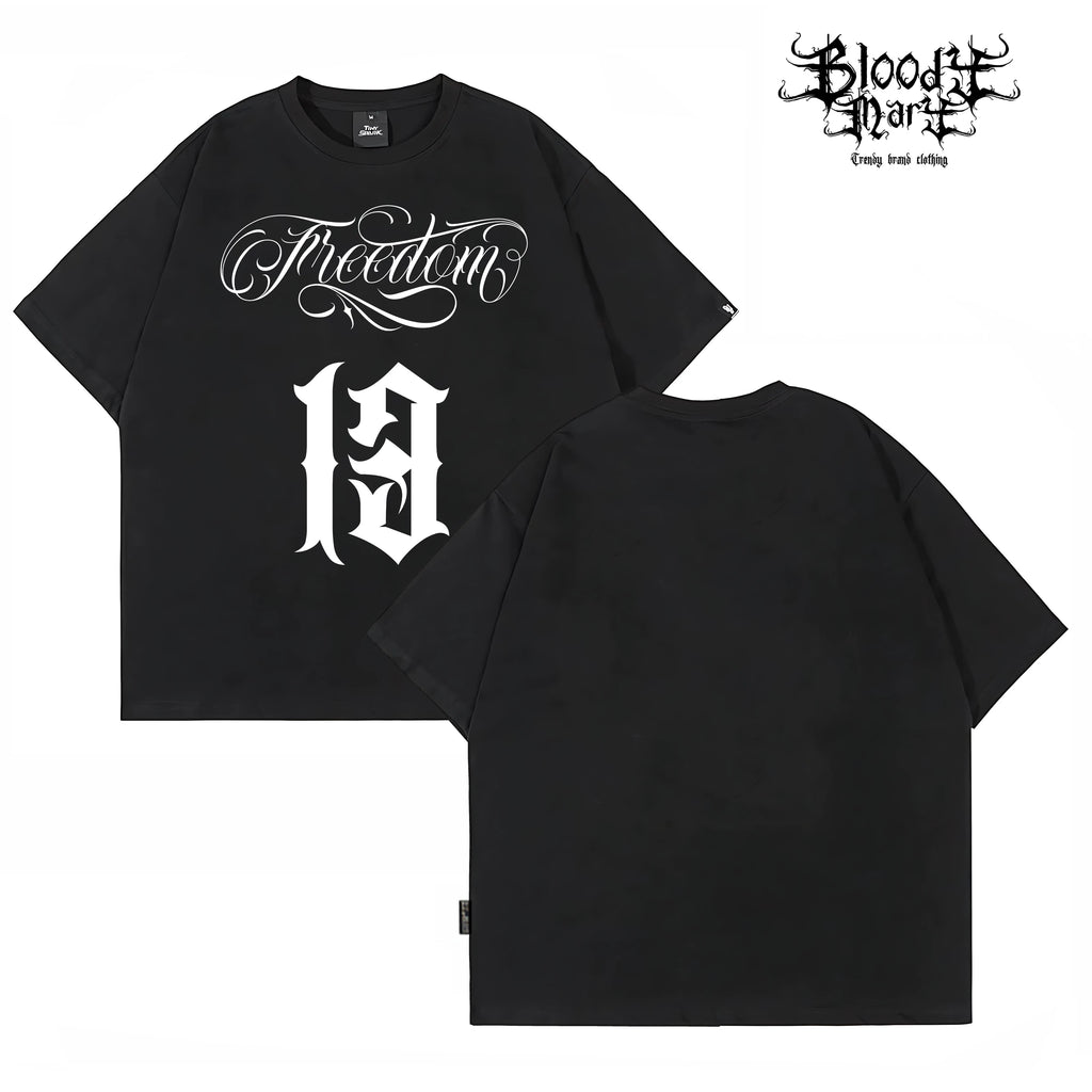 Street casual style black short sleeved T-shirt men's Chicano print loose cotton round neck floral font bandit top