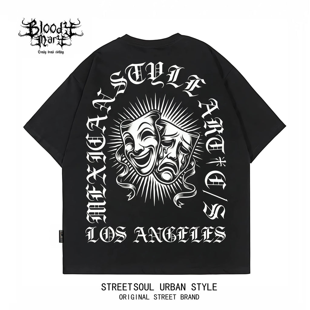 Chicano West Coast Flower Font Black Short sleeved T-shirt Men's Heavy Weight Cotton Loose High Street Print