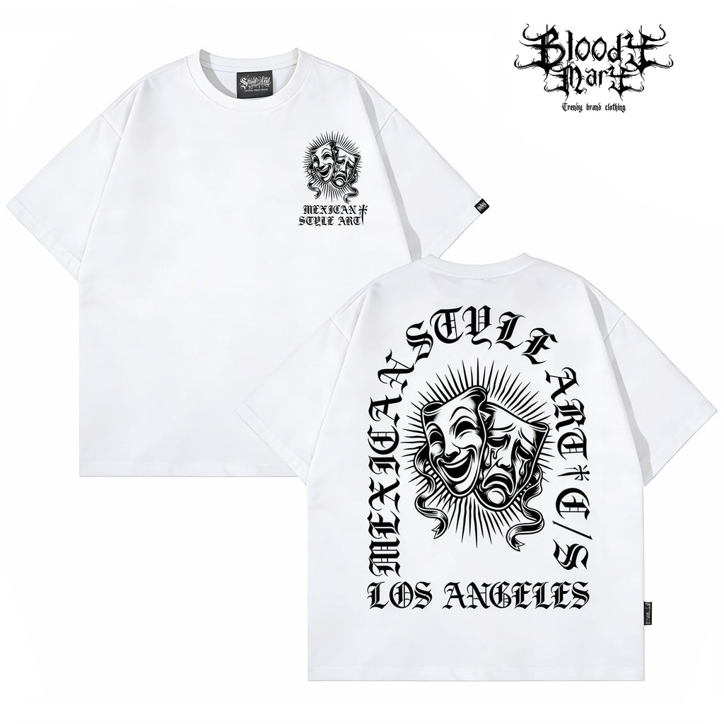 Chicano West Coast Flower Font Black Short sleeved T-shirt Men's Heavy Weight Cotton Loose High Street Print