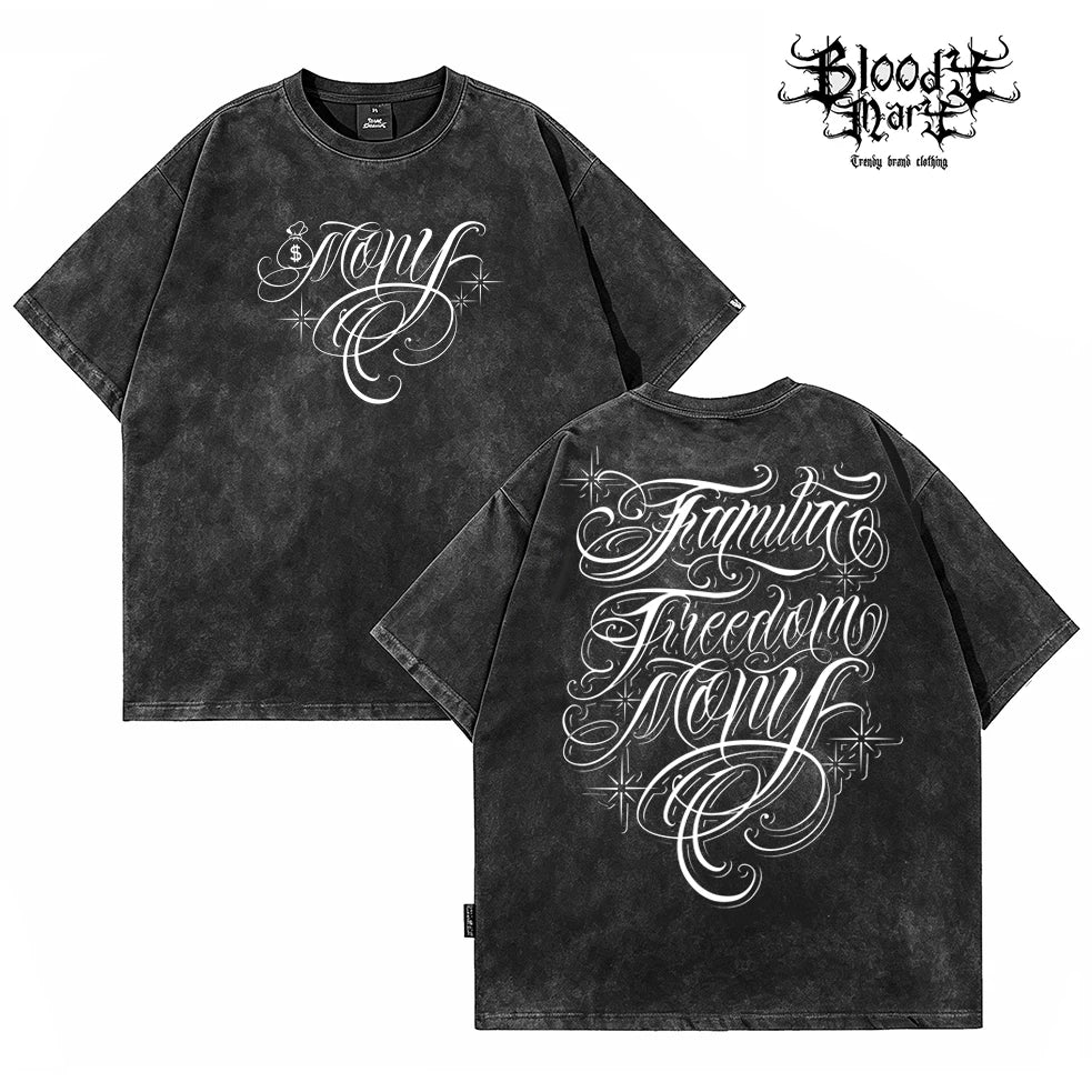 American hip-hop Chicano floral font short sleeved T-shirt for men, loose and heavy cotton, trendy brand, street tattoo print